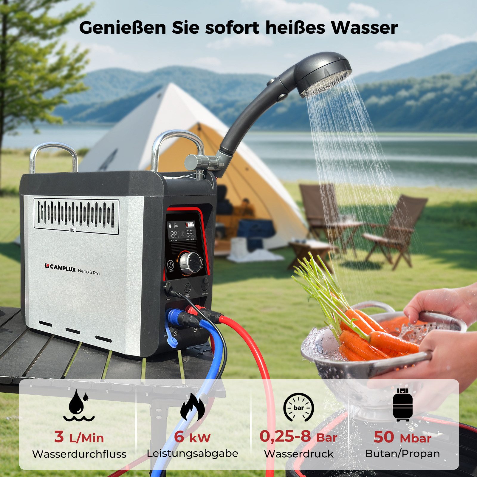 CAMPLUX Durchlauferhitzer 3 Liter LPG Propan Nano 3 Pro-DE, 50 mbar, min. 20 °C, max. 50 °C, Mobiler Durchlauferhitzer mit Wasserpumpe und Griff 12V Campingdusche