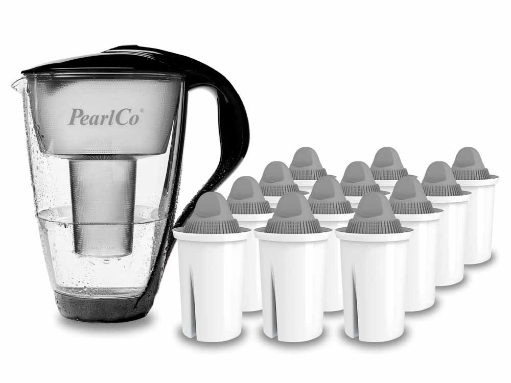 PearlCo Wasserfilter PearlCo Glas Wasserfilter Inkl. 12 Protect Plus Filterkartuschen