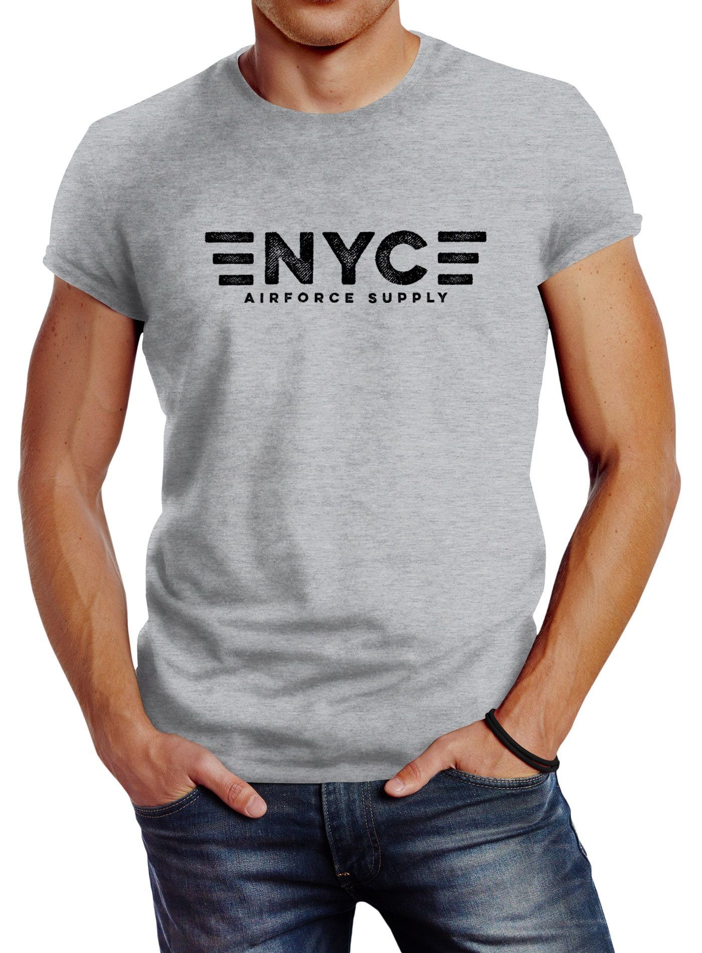 Aufdruck Print-Shirt Print NYC mit Neverless grau Supply T-Shirt Neverless® Airforce Print Army Herren New York City