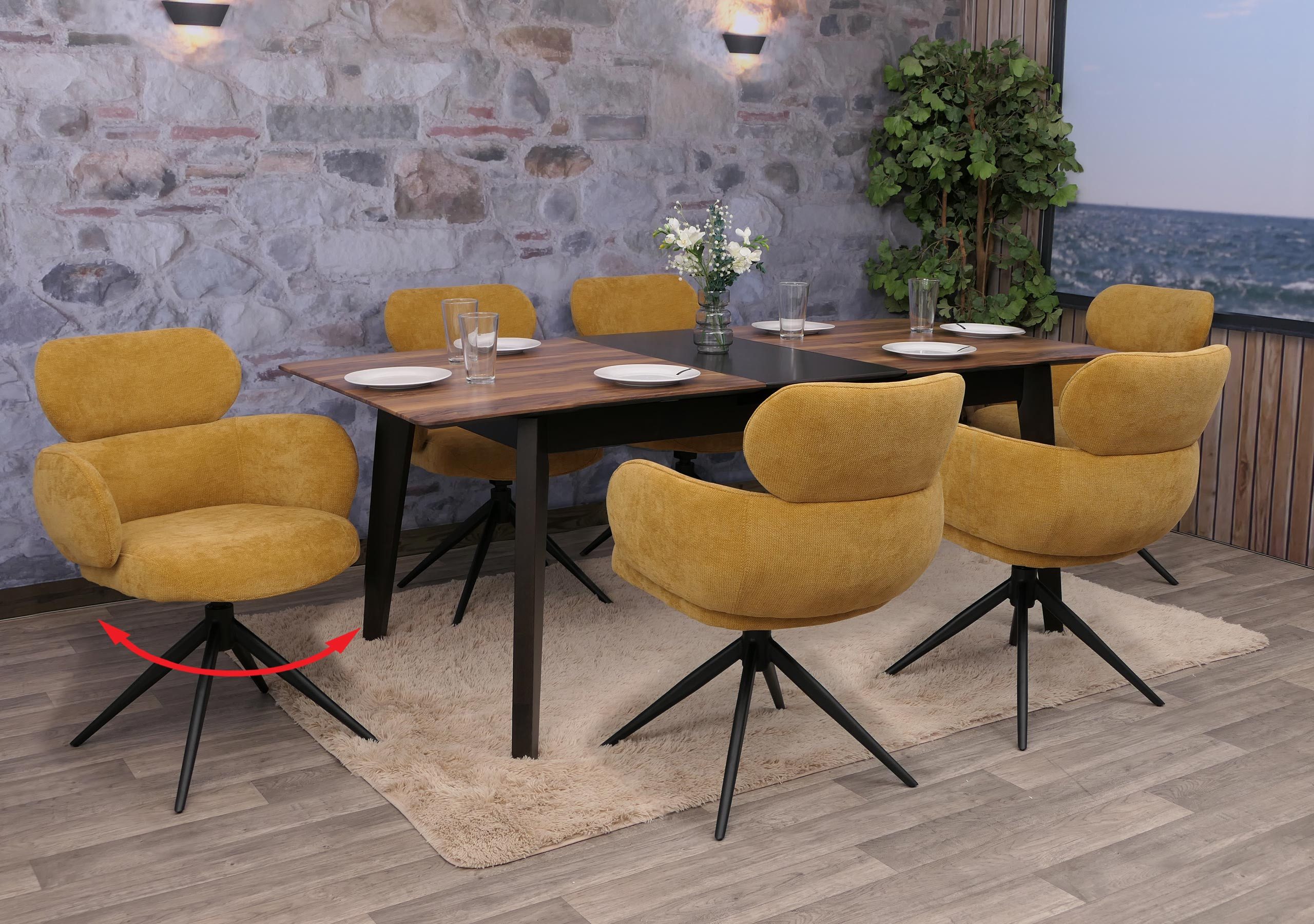 MCW Esszimmerstuhl MCW-O77-6 (Set, 6 St), Um 360° drehbar, Moderner Chenille Stoffbezug, Mit Fußbodenschonern