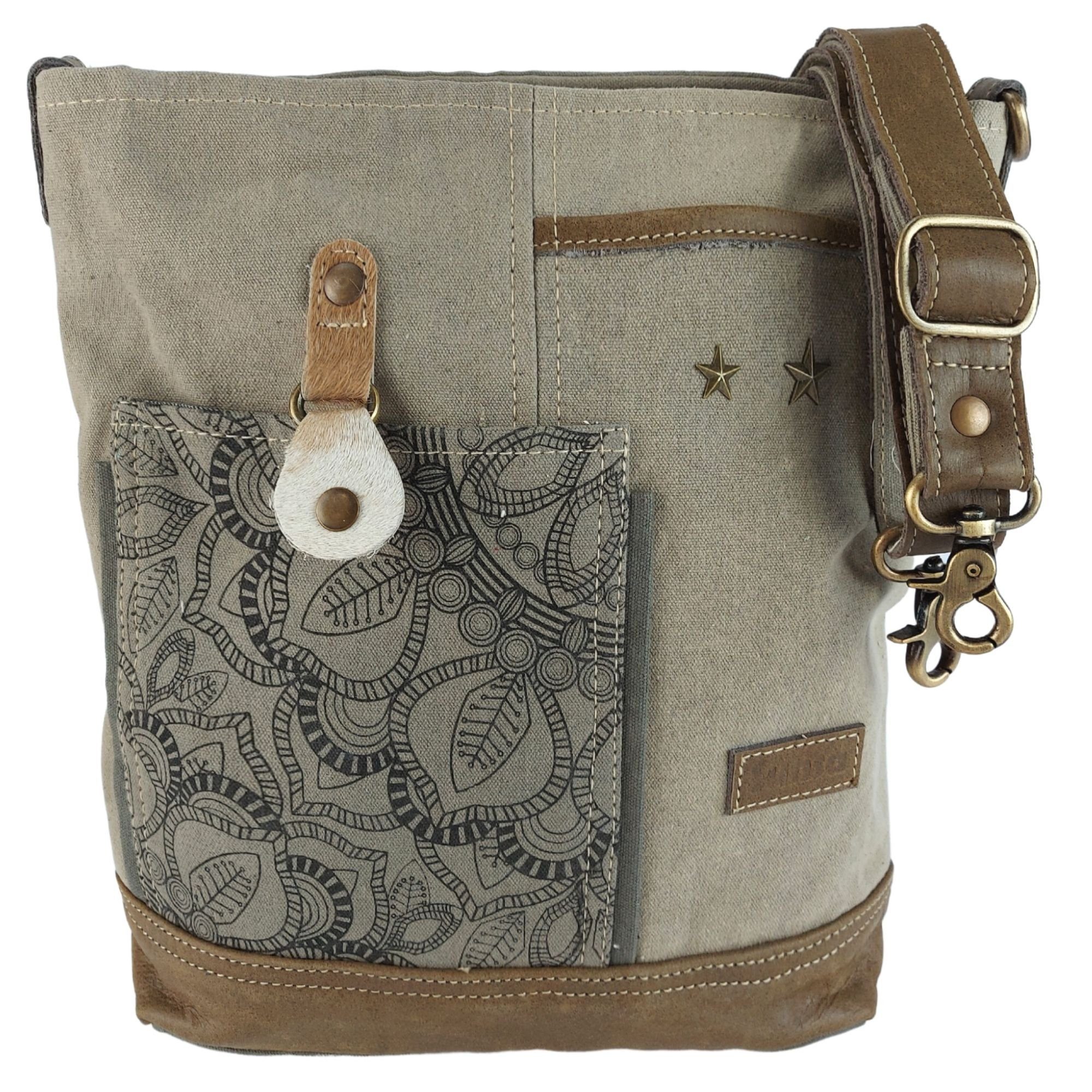 Umhängetasche Canvas Vintage Tasche. Umhängetasche mit Mandala. Khaki Crossbody Bag