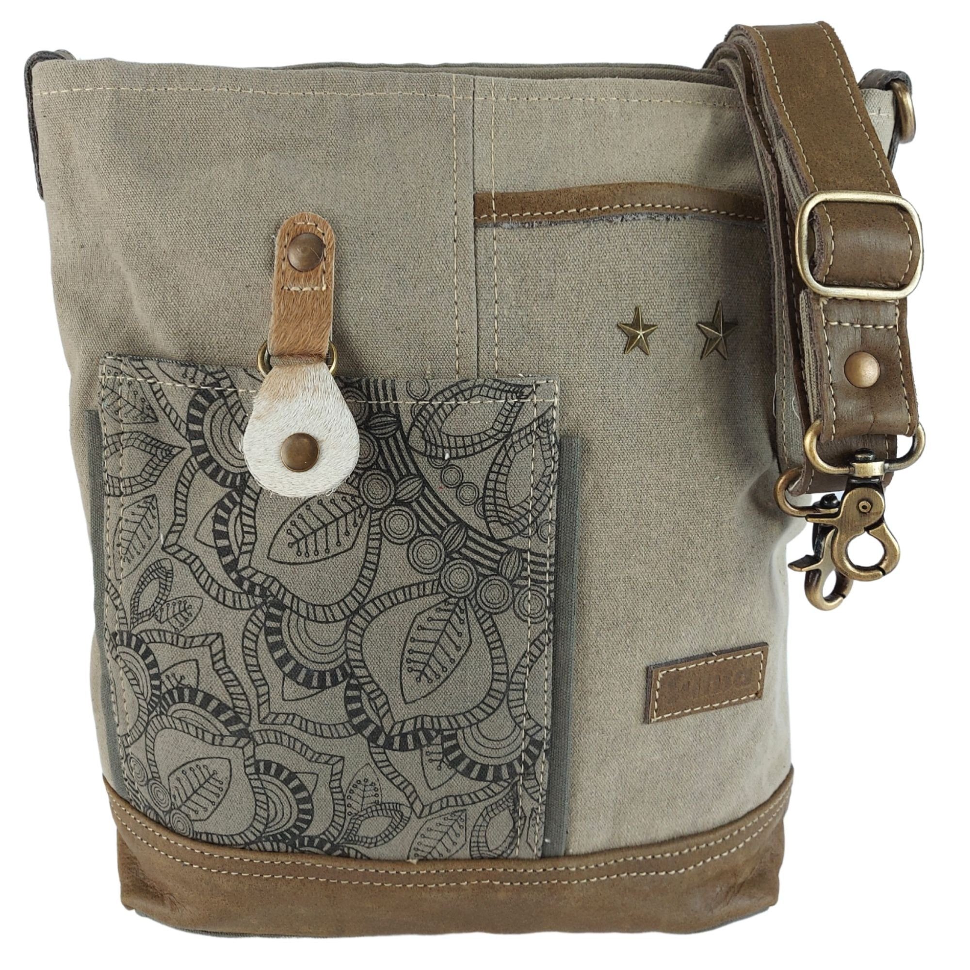 Umhängetasche Bag. Canvas Crossbody Mandala Umhängetasche Tasche. Canvas 52501, Vintage mit Aufdruck. Sunsa und Khaki Aus Leder recycelten