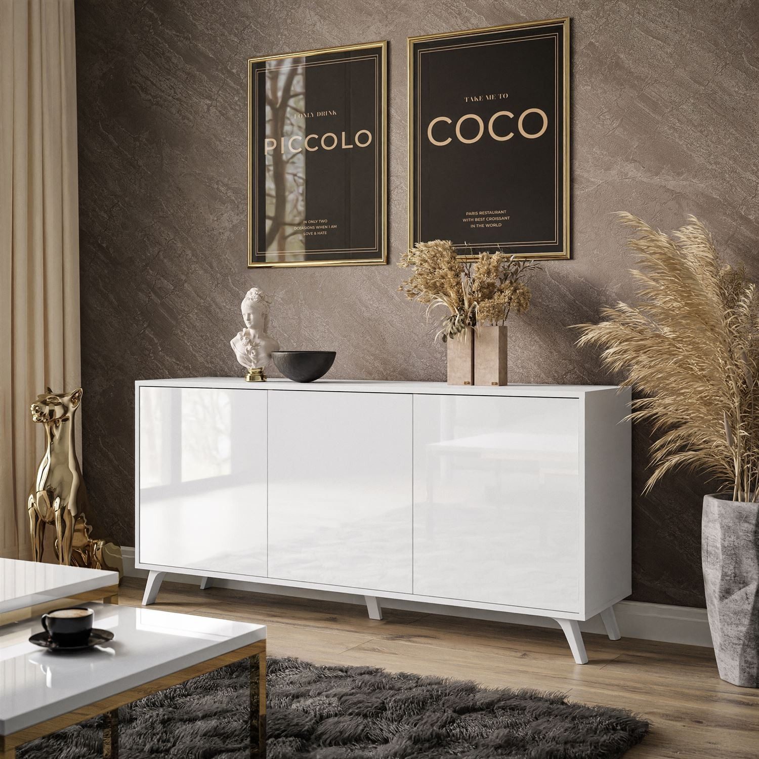 ALLHOUSE24 Kommode MANDY Dreitürige Kommode in Hochglanz Sideboard Kaschmir Weiß (1x Kommode), Breite: 154 cm
