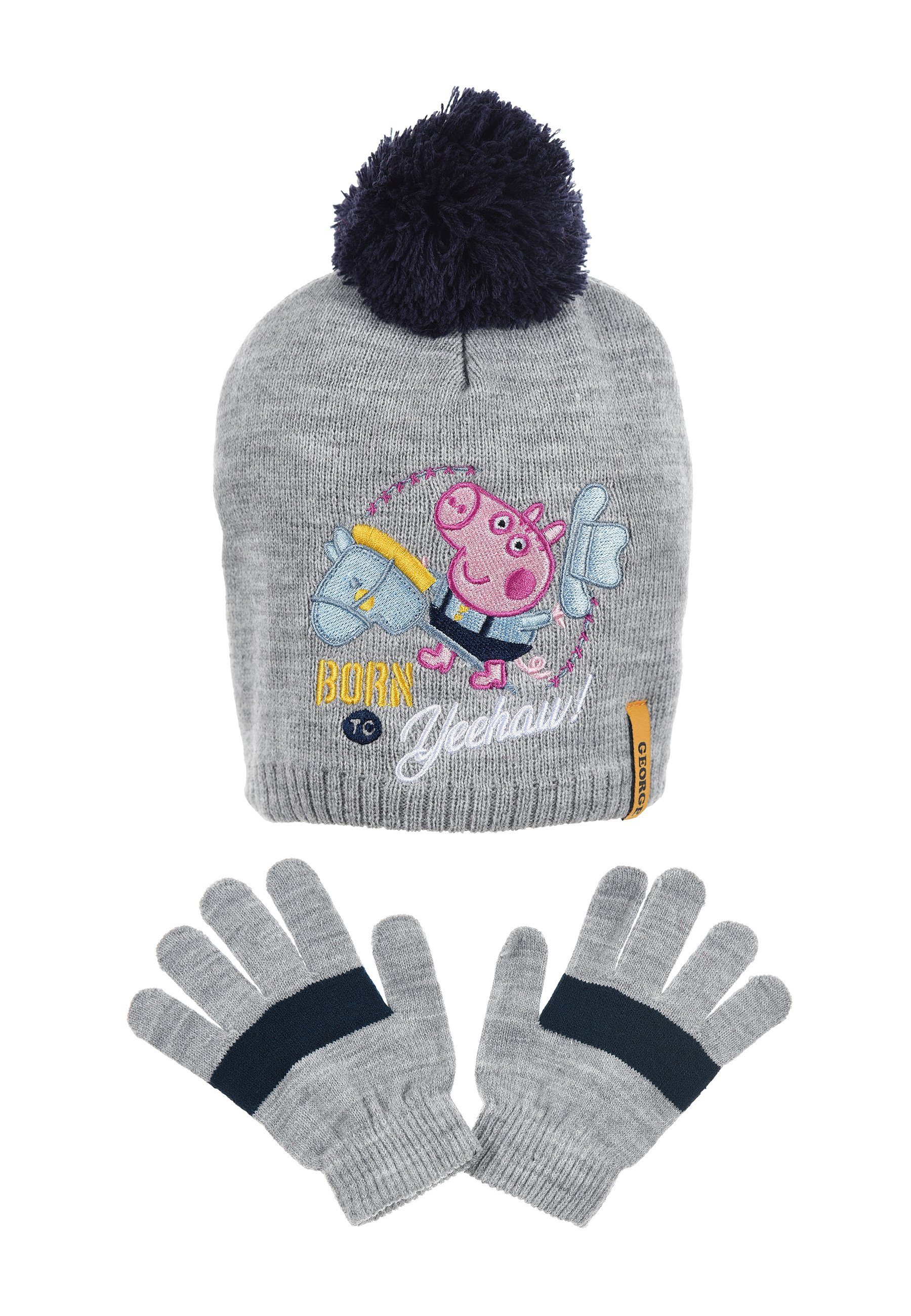 Peppa Pig Bommelmütze Peppa Wutz Kinder Mädchen Jungen Winter-Set Winter-Mütze Handschuhe (SET) Grau