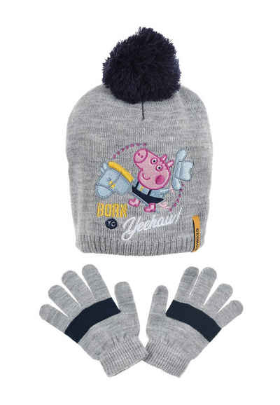 Peppa Pig Bommelmütze Peppa Wutz Kinder Mädchen Jungen Winter-Set Winter-Mütze Handschuhe (SET)