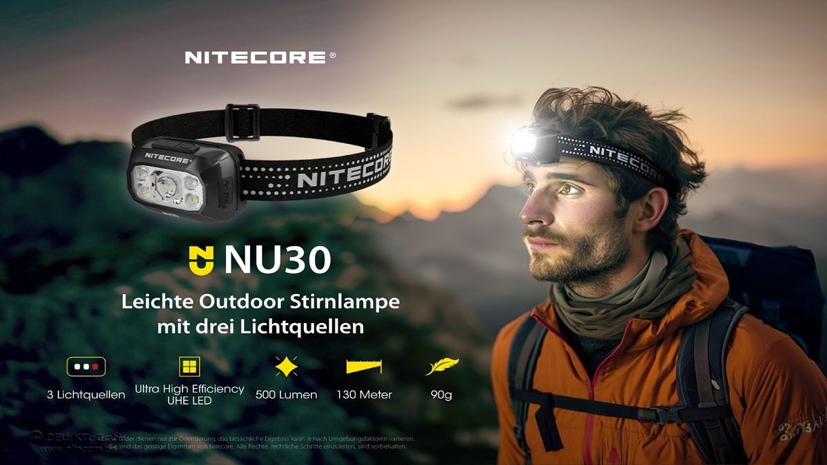 Nitecore LED Stirnlampe NU30 - Leichte Kopflampe mit 3 Lichtquellen (1-St)