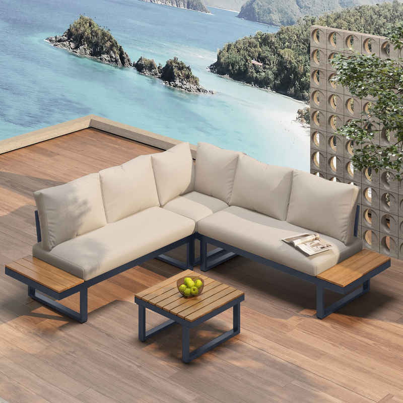 Merax Gartenlounge-Set, (1 Couchtisch, 2 Bänke, 1 Eckbank), mit Stahlrahmen und Kissen, Ecklounge, Gartenmöbel Set, Leinenbezug