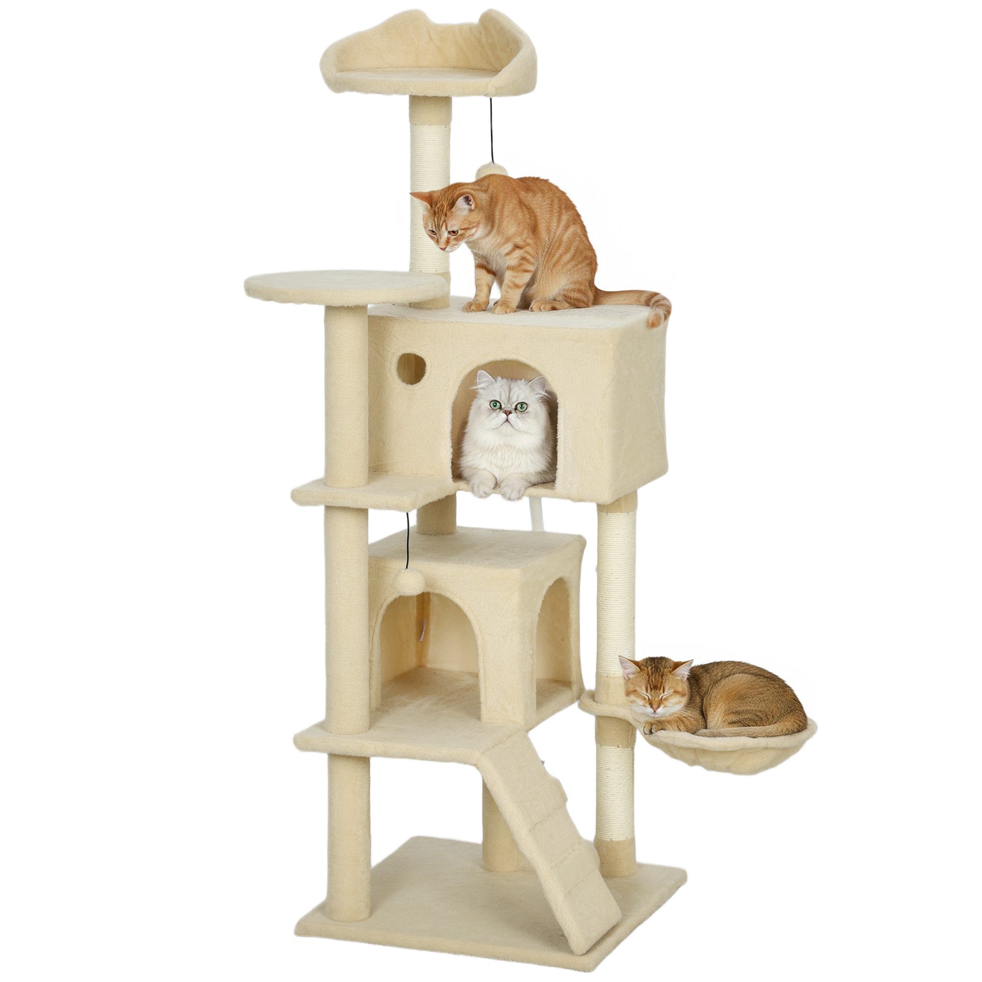 PawHut Kratzbaum 140 cm Katzenturm mit Hängematte, Leiter, Höhle, 2 Plüschballen, Sisalstämme, große Plattform, für Katzen unter 5 kg, Beige