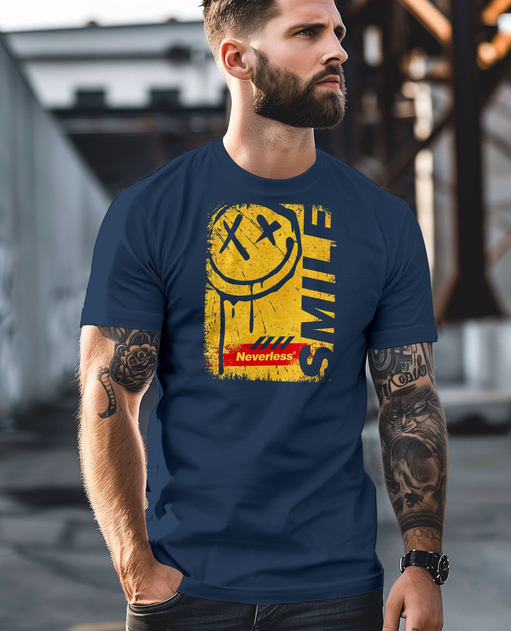 Neverless Print-Shirt Herren T-Shirt Printshirt Smile Graffiti Design Drippy Face Männer mit Print – Bild 4 von 4