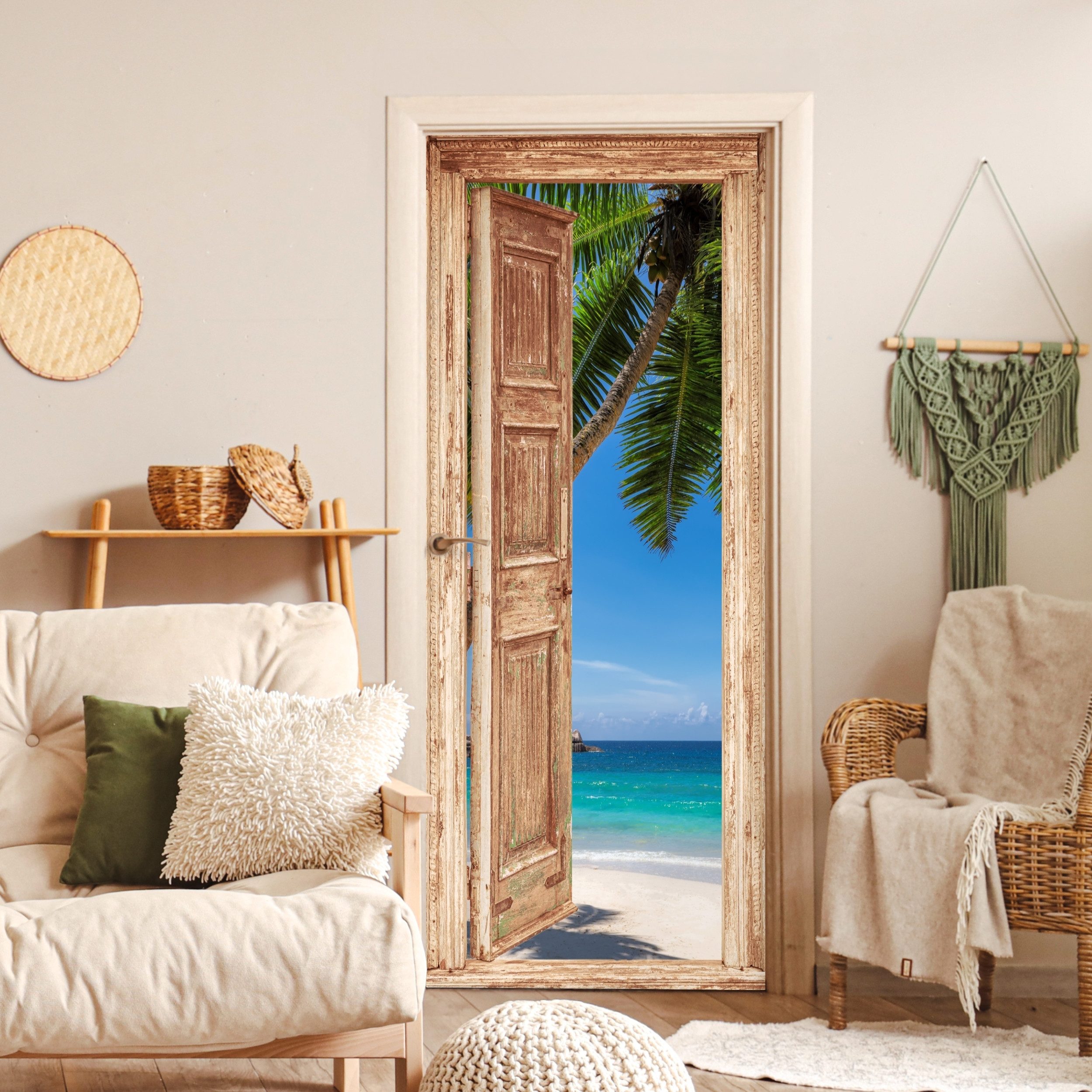 MuchoWow Türtapete Hellbraune Tür - Durchsichtig - Palme - Strand, Matt, bedruckt, (1 St), Selbstklebende Tapete, Folie für Möbel, 70x215 cm – Bild 4 von 5