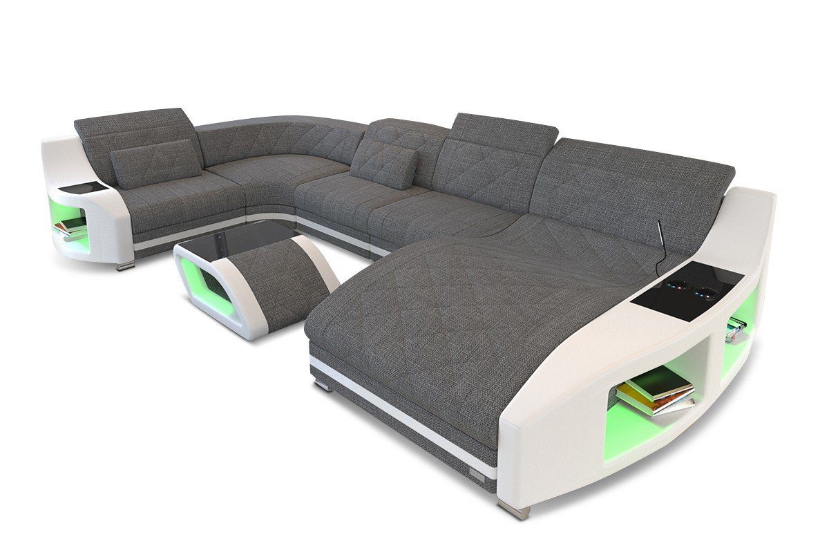Polsterstoff H Wohnlandschaft wahlweise Designersofa Stoffsofa, Sofa grau-weiß Form Swing Dreams U Couch Sofa Strukturstoff Bettfunktion mit