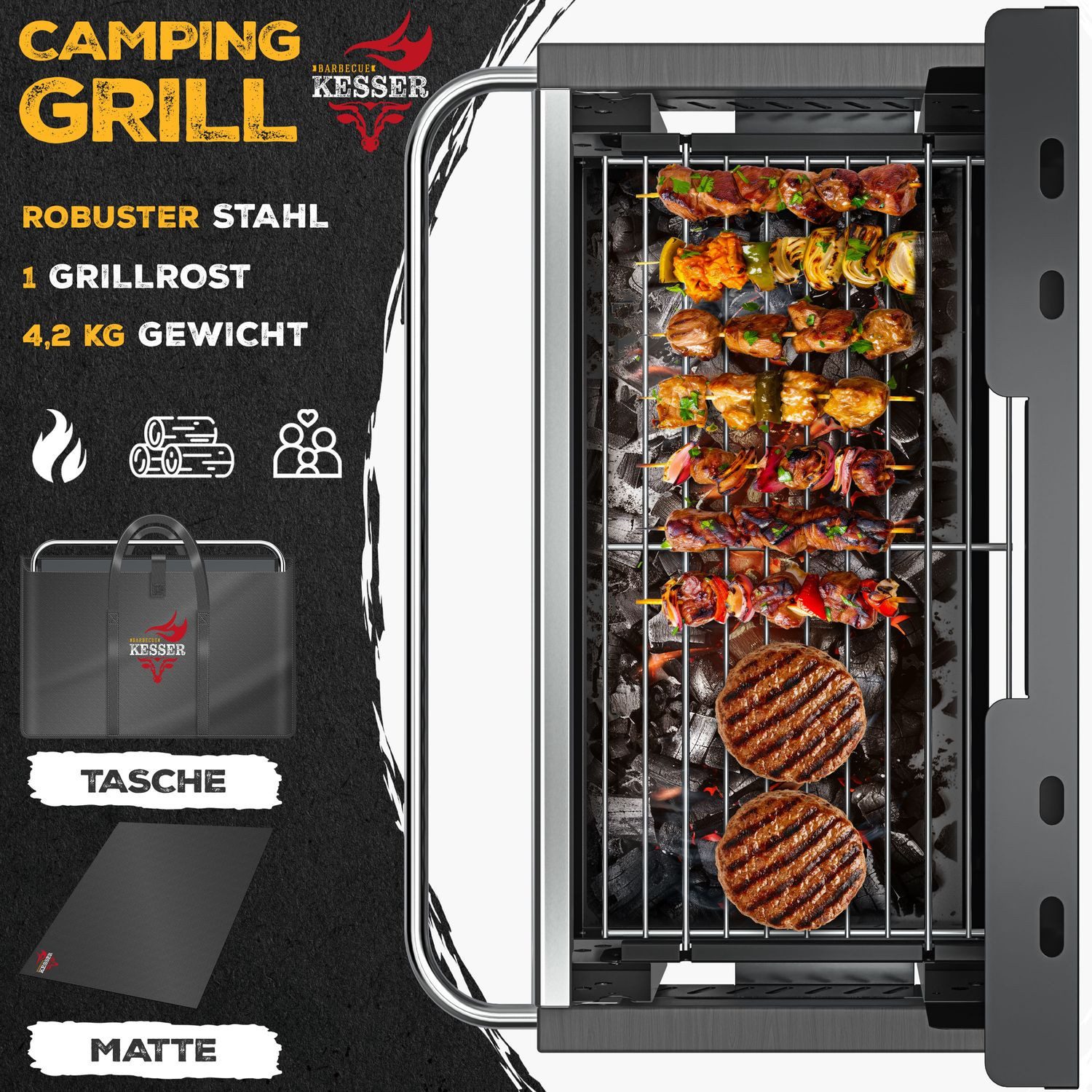 KESSER Holzkohlegrill tragbarer Campinggrill aus pulverbeschichtetem Stahl, Tischgrill Outdoor BBQ ideal für Camping, Picknick & Angeln