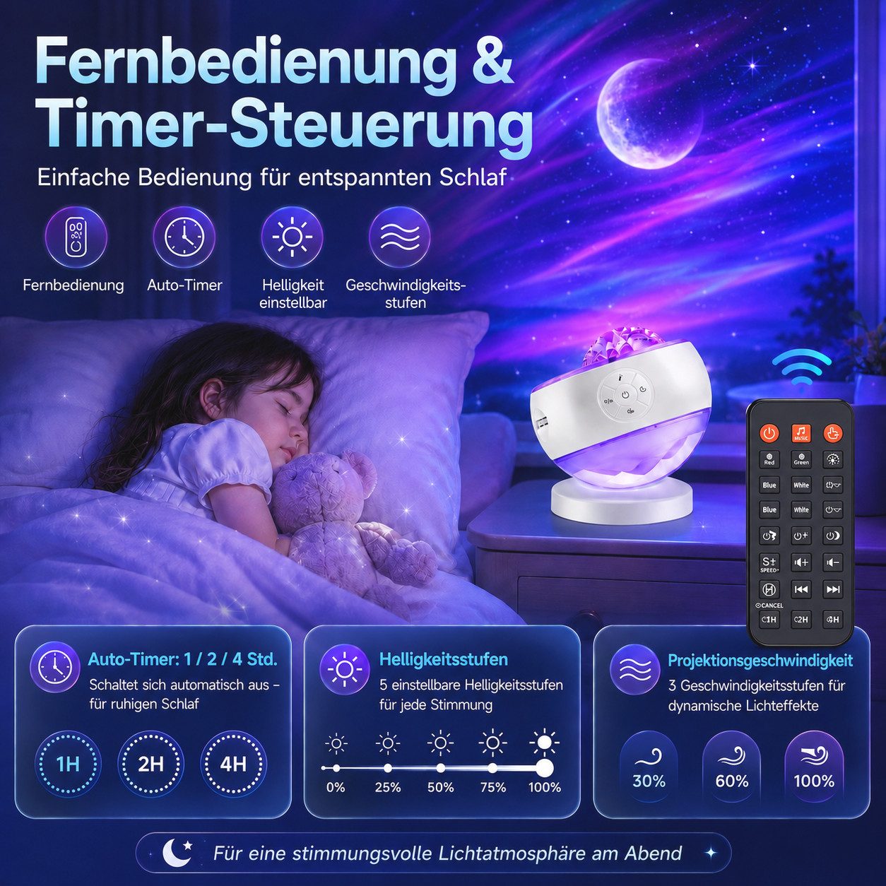 Futicare Nachtlicht LED Sternenhimmel Projektor mit Nordlicht, 16 Farben & 300 Lichtmodi, 5 Motive, Bluetooth-Lautsprecher, 10 Weißrausch-Klänge, Fernbedienung  – Bild 5 von 5