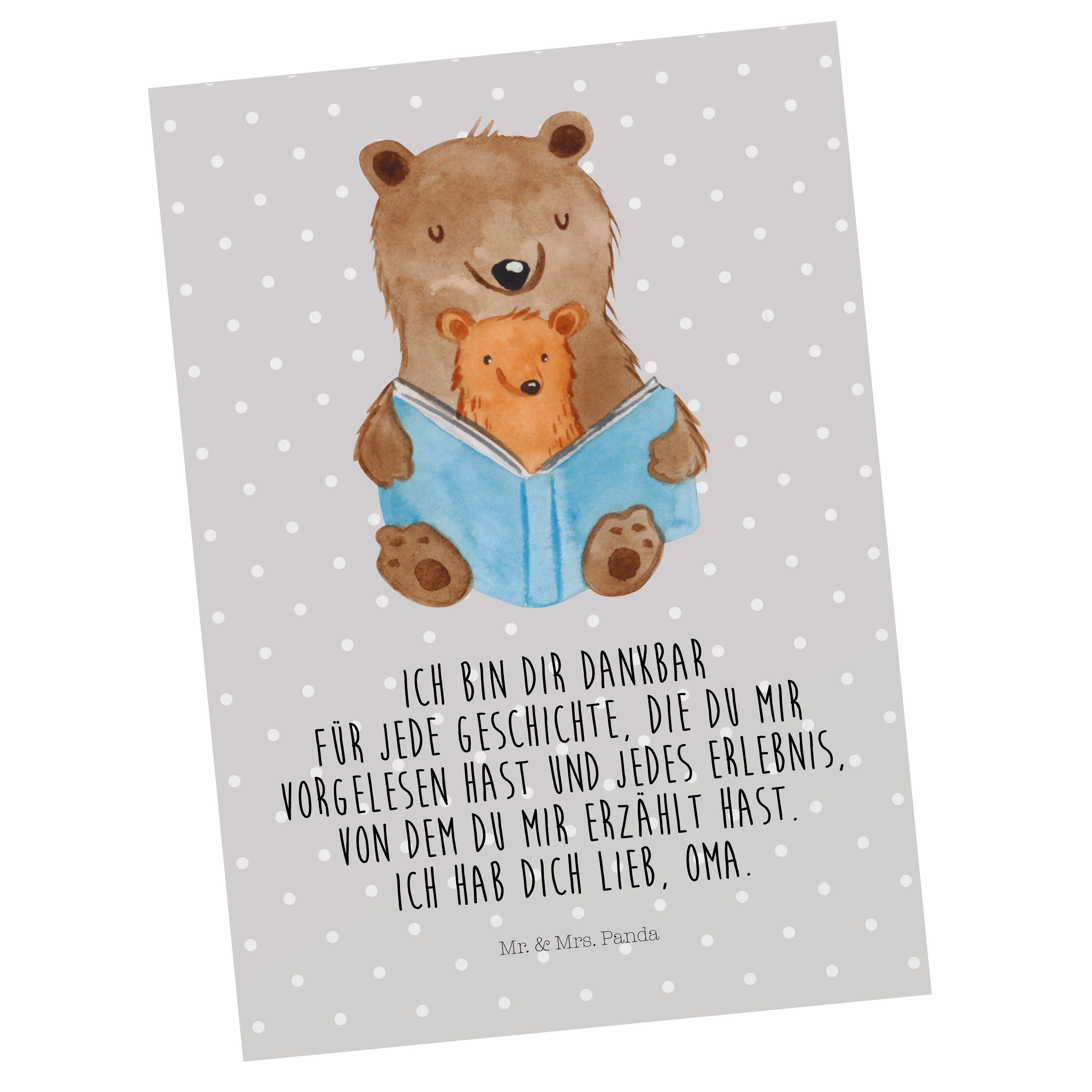 Mr. & Mrs. Panda Postkarte Bären Buch - Grau Pastell - Geschenk, Bruder, Papa, Oma, Großmutter