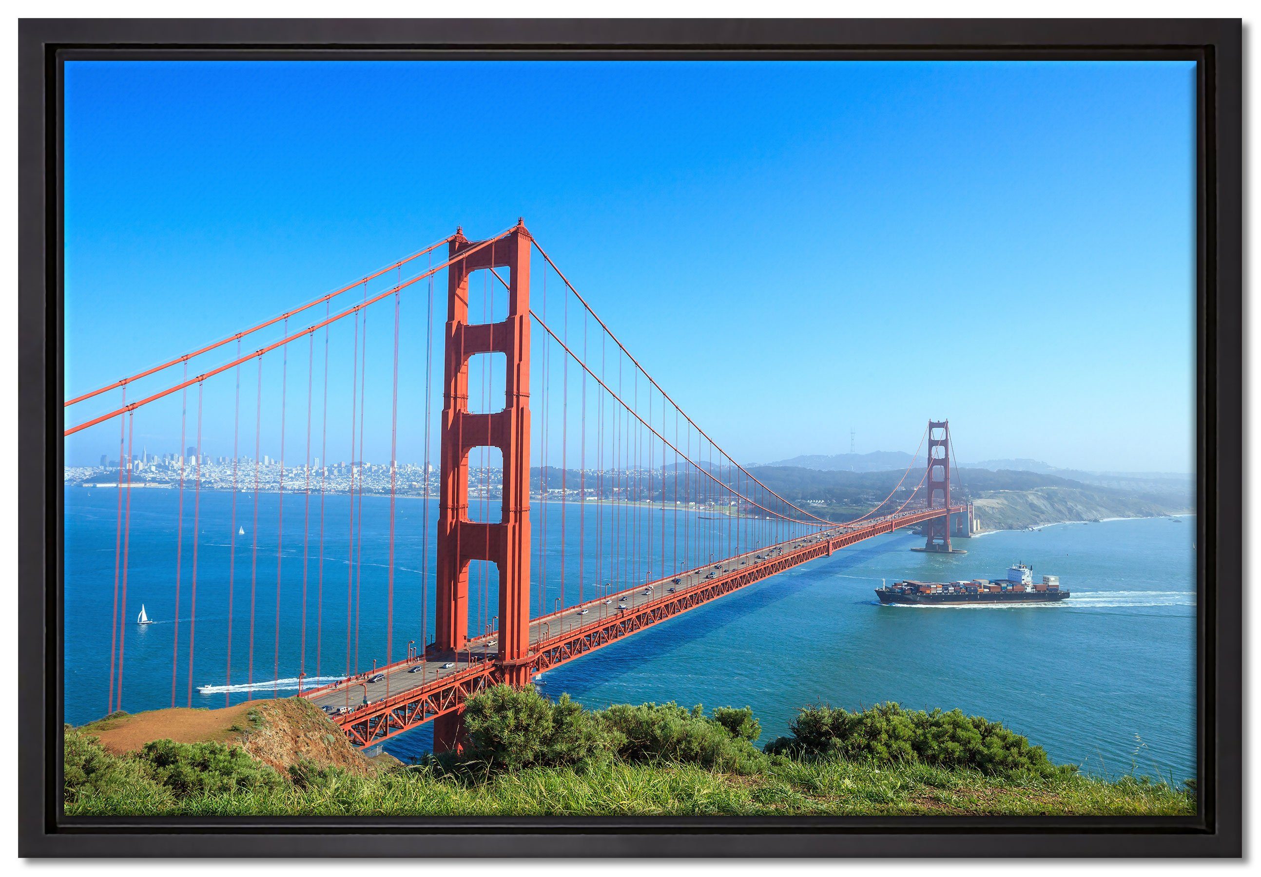Pixxprint Leinwandbild Golden Gate bespannt, St), Schattenfugen-Bilderrahmen (1 Leinwandbild in Zackenaufhänger einem Wanddekoration inkl. Bridge, fertig gefasst