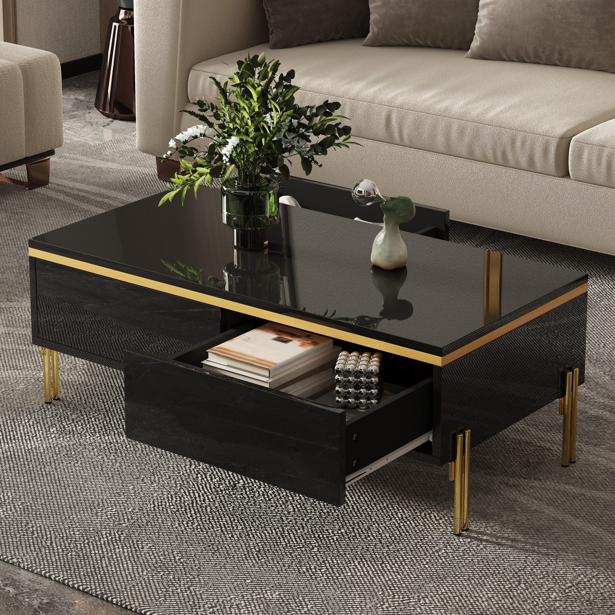 Merax Couchtisch hochglanz Sofatisch Beistelltisch mit goldenen Zierelementen (1-St), Wohnzimmertisch mit Doppelschubladen und Metallbeinen, 100x50x36cm – Bild 2 von 5