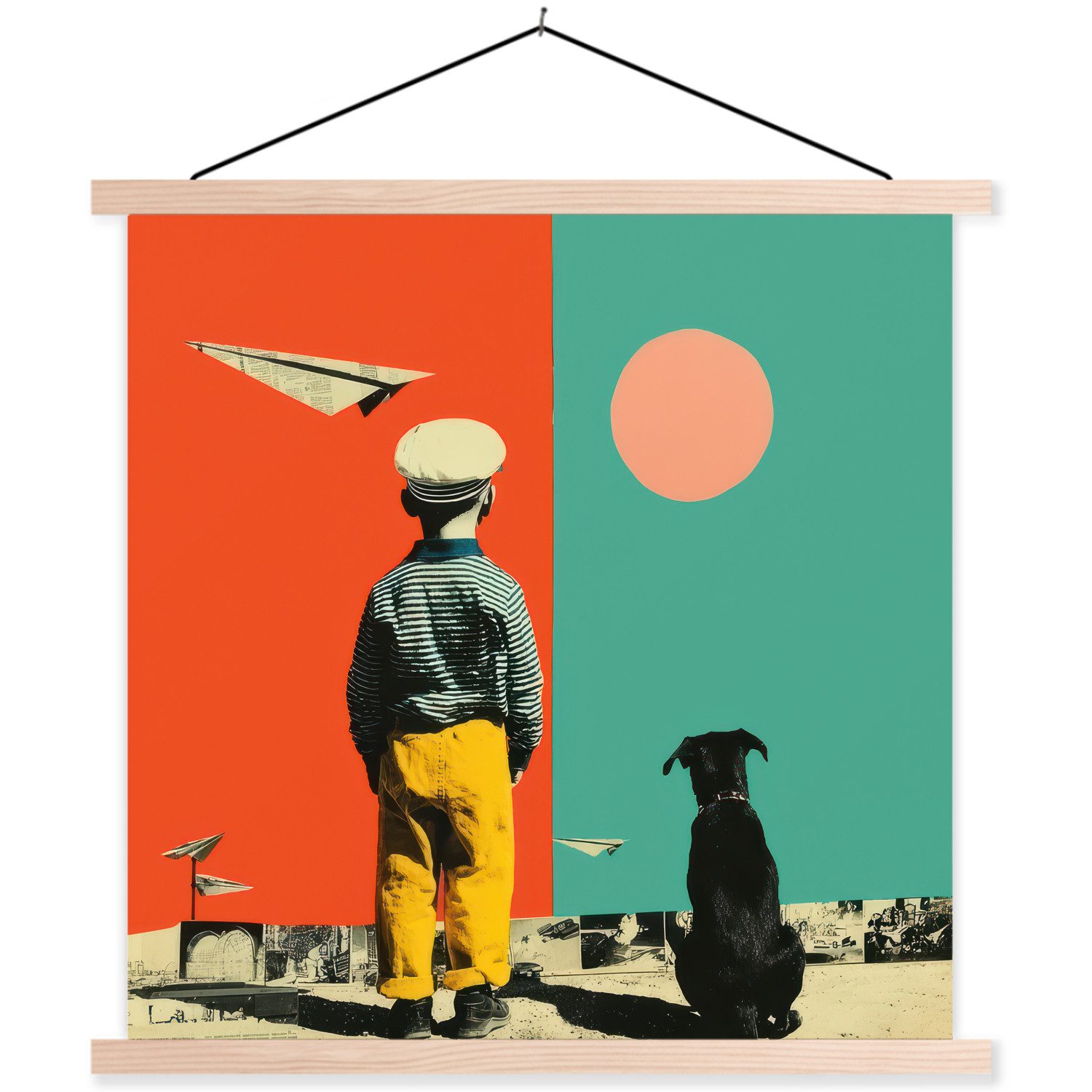 MuchoWow Poster Retro - Junge - Hund - Rot - Grün, (1 St), Posterleiste, Textilposter für Wohnzimmer, Bilderleiste, 40x40 cm