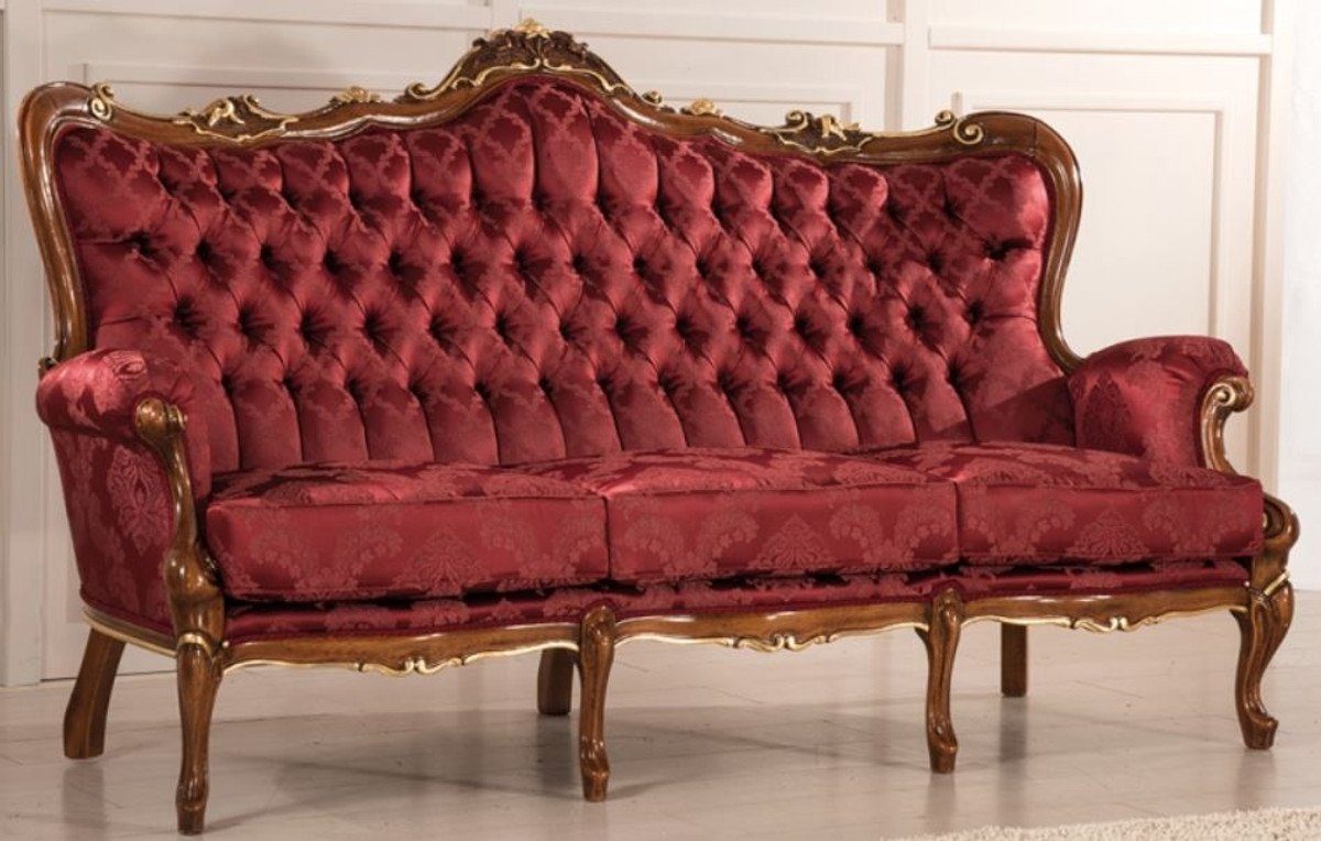 Casa Padrino Sofa Luxus Barock Wohnzimmer Sofa mit elegantem Muster Bordeauxrot / Braun / Gold 200 x 90 x H. 115 cm - Barockstil Wohnzimmer Möbel - Edel & Prunkvoll