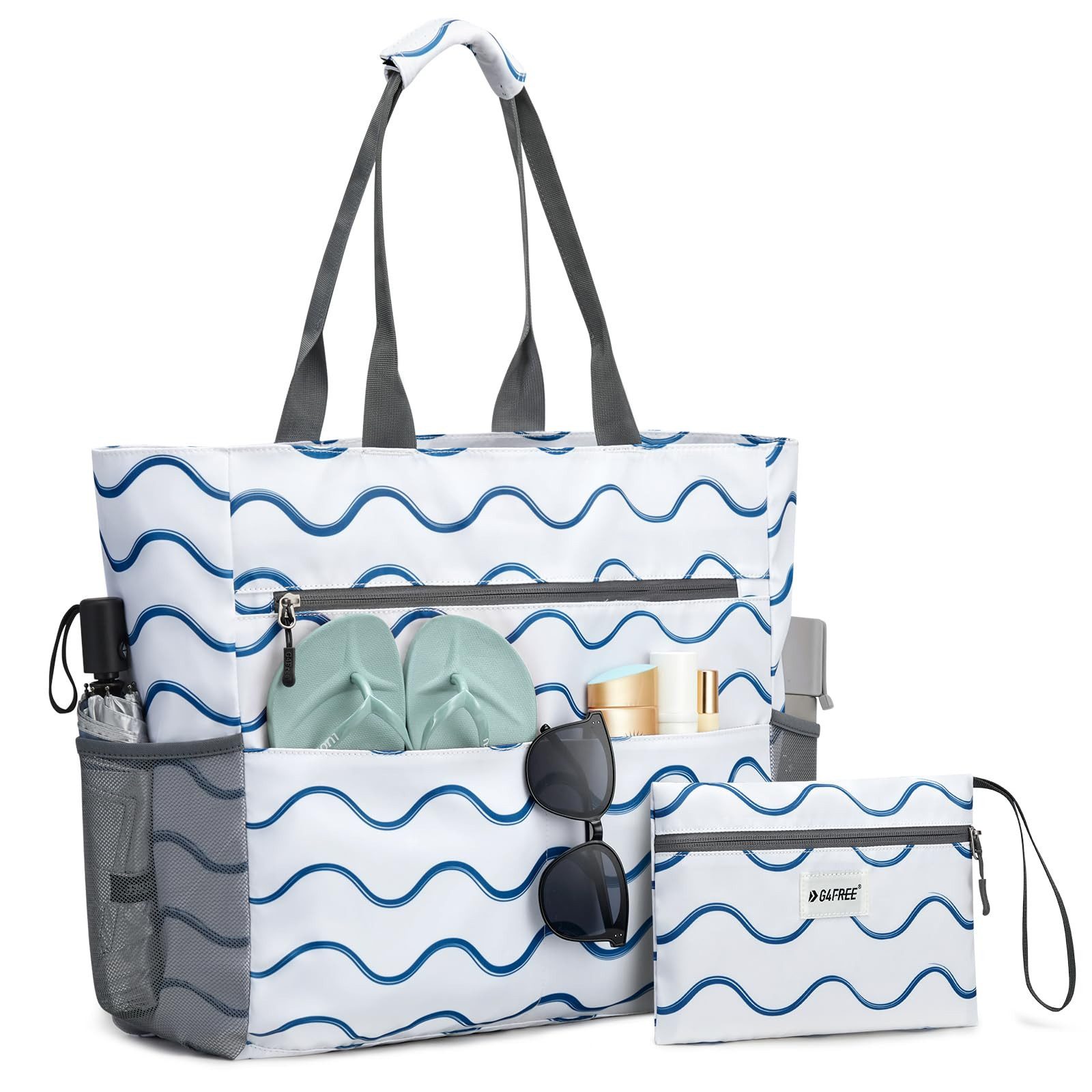 G4Free Strandtasche Strandtasche wasserdichte Handtasche sanddichte Freizeittasche, Tragetasche groß Reisetaschen faltbar für Frauen Praktische Aufteilung