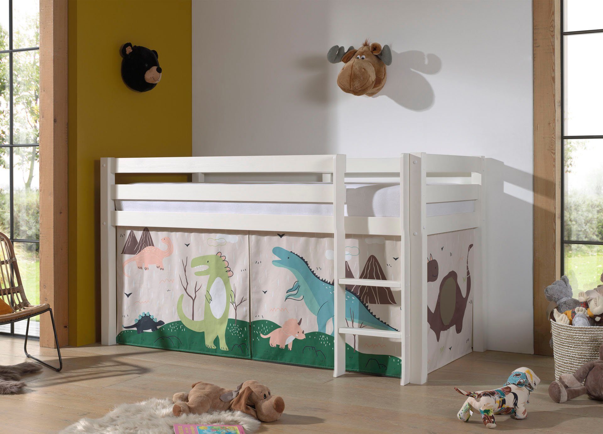 Vipack Spielbett Pino, Kiefer massiv, mit Rolllattenrost u. Textil-Set, Made in Europe (B/H/T ca. 210x114x106cm, mit Leiter und Absturzschutz), verschiedene Textil Dessins, 3 Gestellfarben zur Wahl