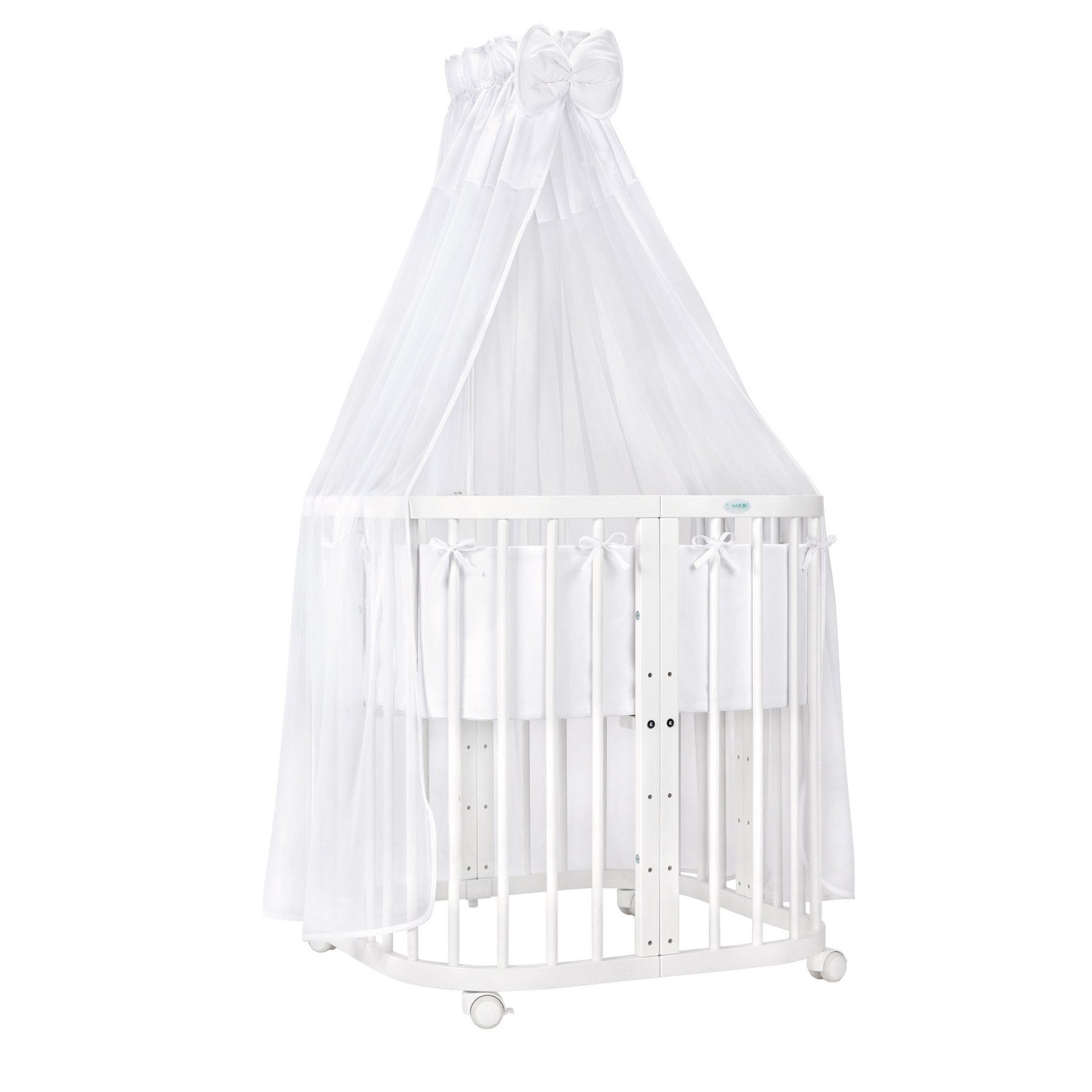 Waldin Babybett 7in1 mitwachsend, Beistellbett, Matratze, Rollen, Buche, Weiß
