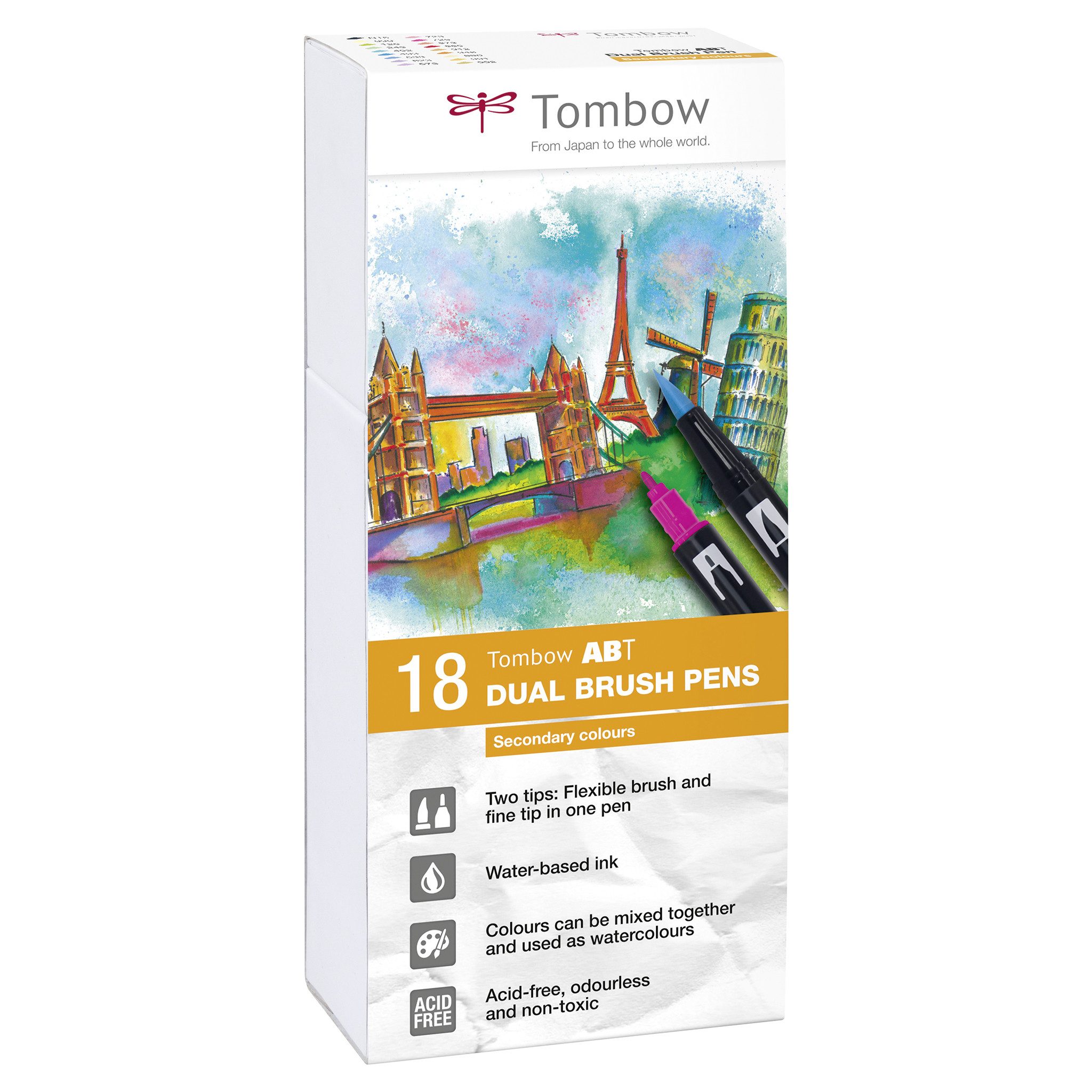 TOMBOW Pinselstift Tombow ABT Dual Brush Pen, (18er Set), zwei Spitzen, für Hand Lettering & Bullet Journal, wasservermalbar