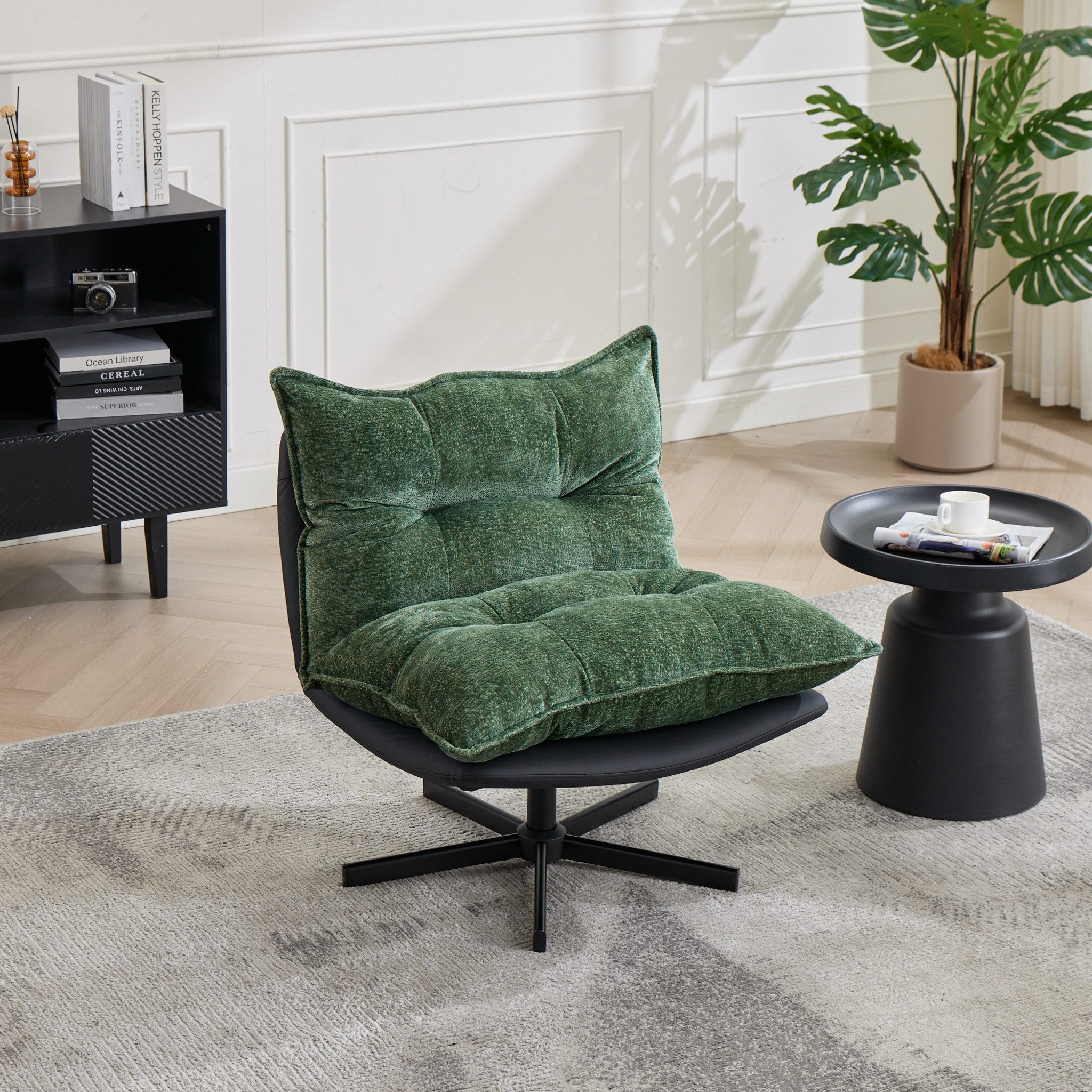 MC Star Relaxsessel Drehbarer Relaxsessel mit 3Fach verstellbarer Rückenlehne(95°110°125) (Schwarze Metallbeine, Cat-Scratch-Kunstleder, Chenille-Bezug & Memory-Foam-Füllung, 360°-Schwenkfunktion in grün)