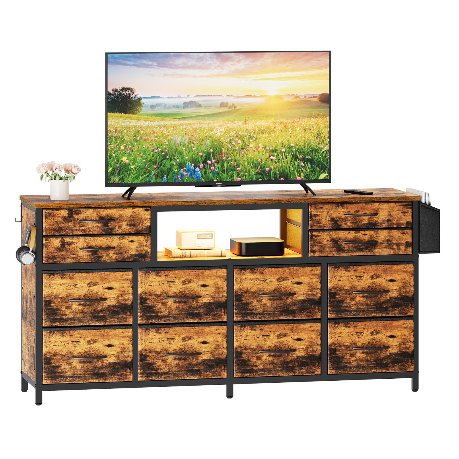 Dripex Lowboard TV Schrank für Fernseher mit LED und Schubladen und offenen Regalen, mit RGB LED Beleuchtung