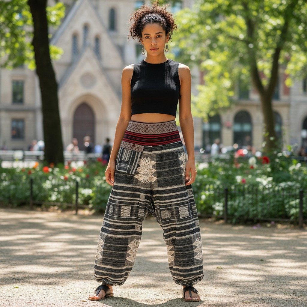 Guru-Shop Relaxhose Yogahose, Ikat Pluderhose mit breitem gewebtem.. Ethno Style, alternative Bekleidung