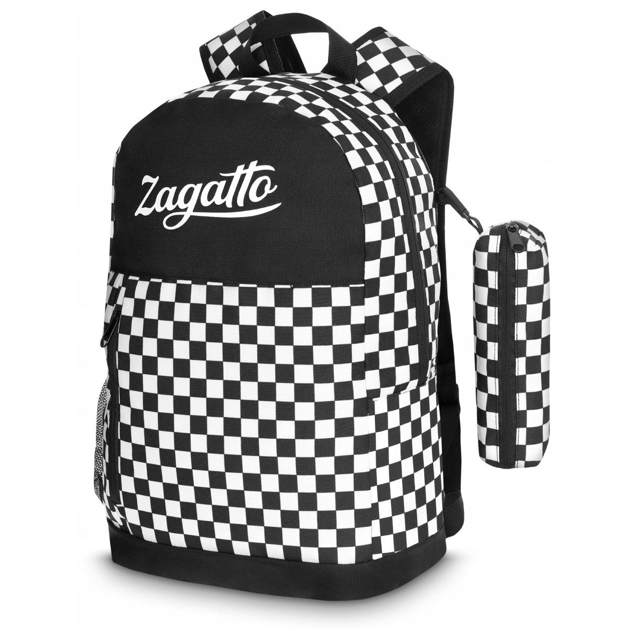 ZAGATTO Schulrucksack Zagatto ZG701 Schwarz-Weiß Schachbrett mit Federmäppchen für A4 (Rucksack und Federmäppchen, Schulrucksack mit passendem Federmäppchen), inklusive passendem Federmäppchen für Schreibutensilien und Zubehör
