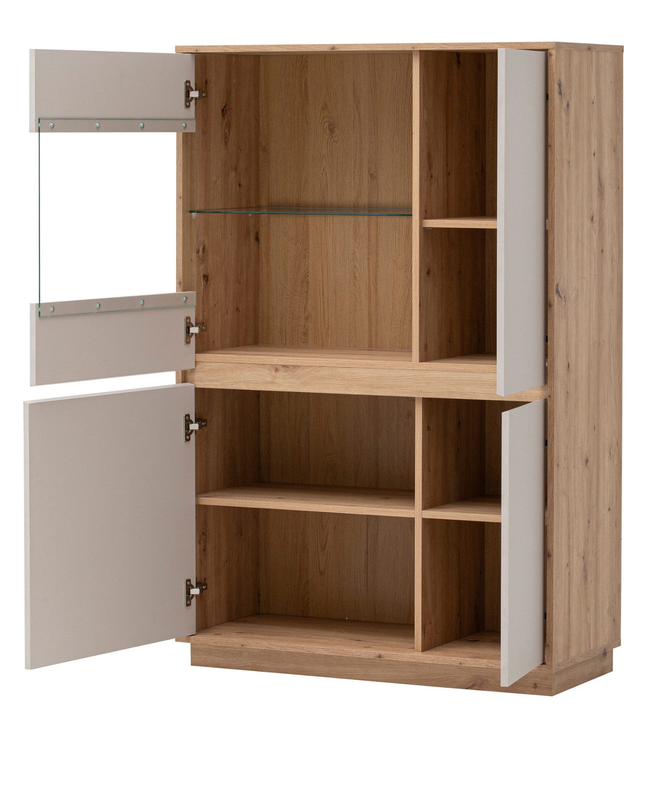 Furn.Design Highboard Kiruma (Vitrine in Kaschmir / Sand und Artisan Eiche, 4-türig, 75 x 144 cm), mit Soft-Close-Funktion
