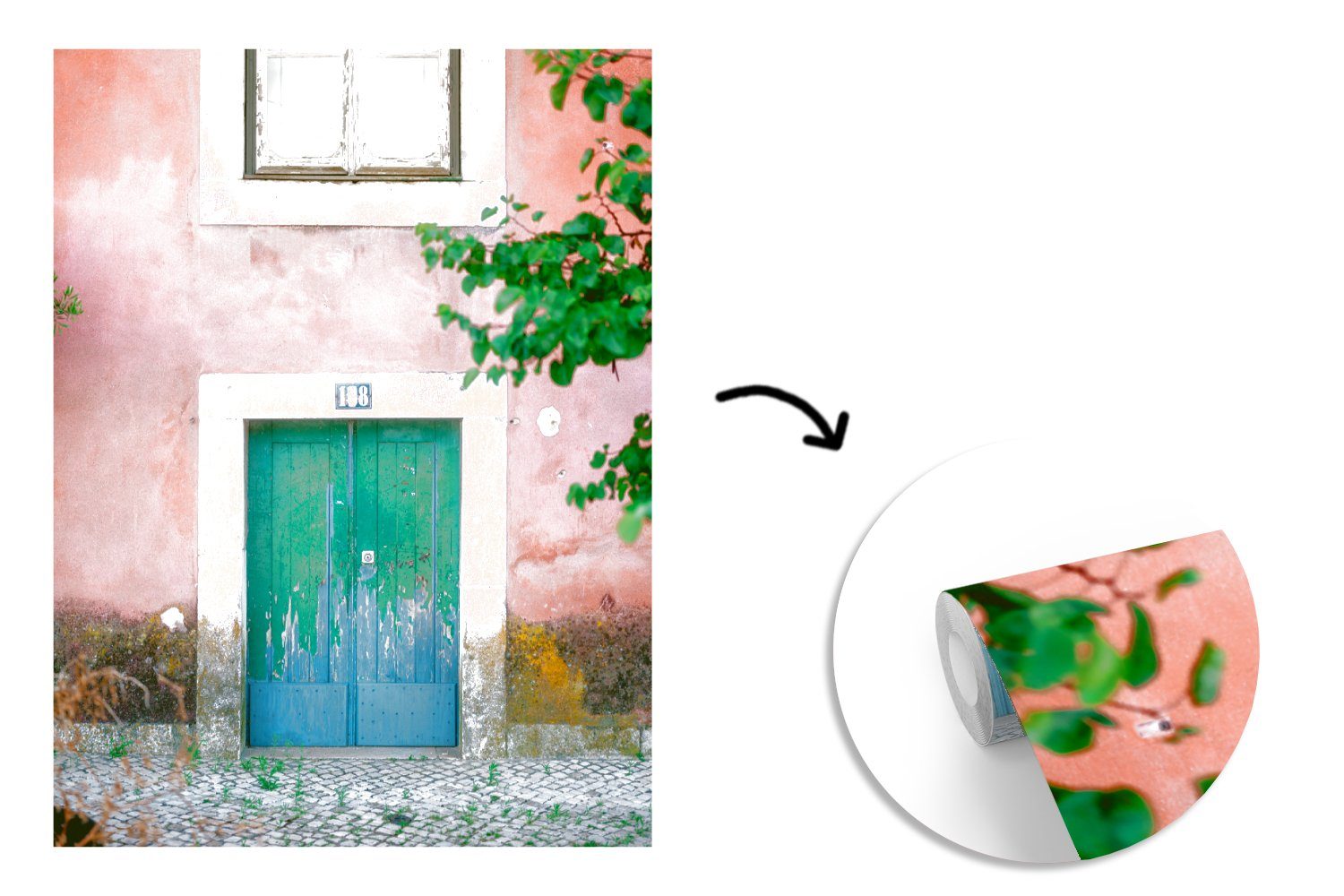 Farbe, Rosa Wohnzimmer, Matt, Montagefertig Wandtapete bedruckt, Grün Tür für - (4 Fototapete - Tapete - St), MuchoWow Vinyl