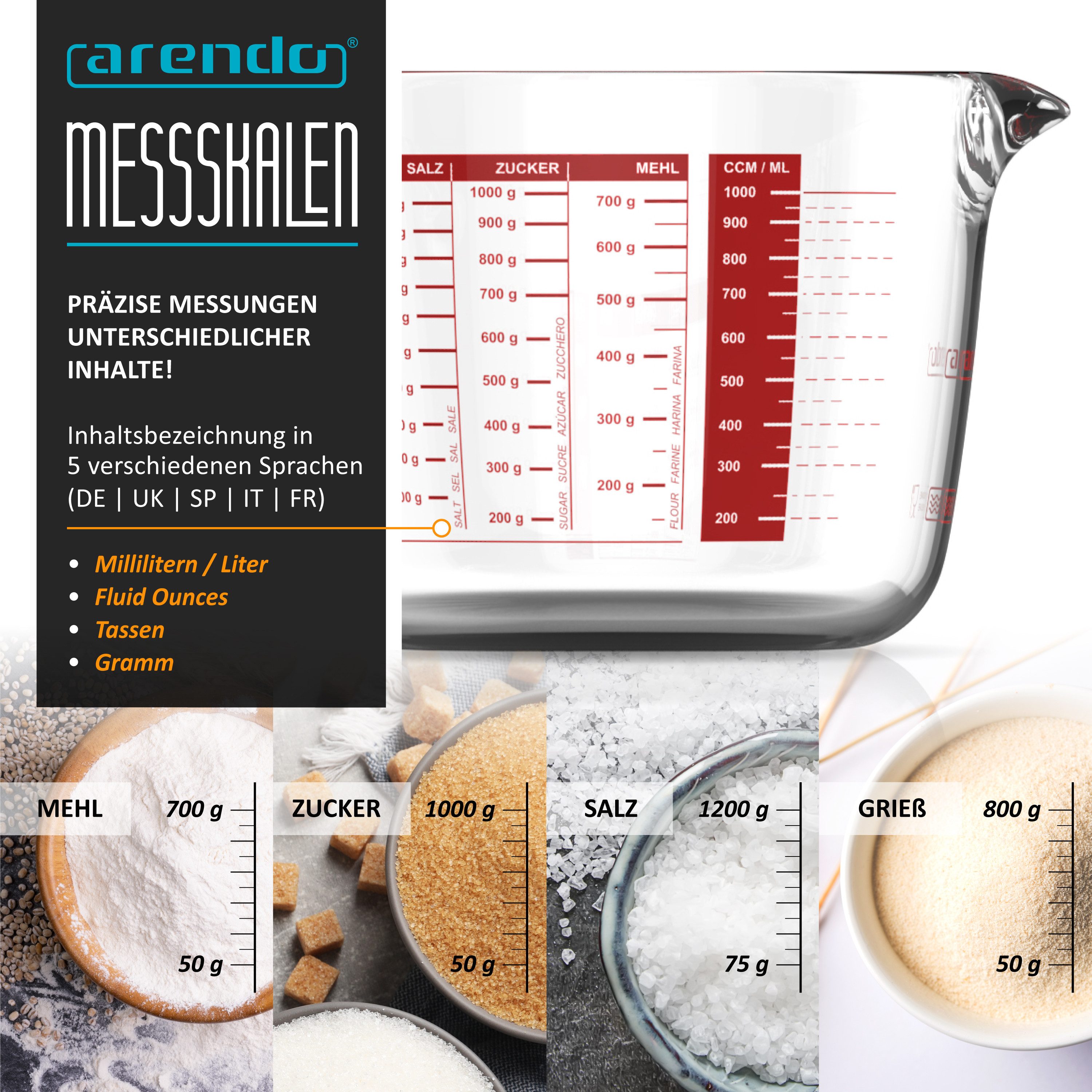 Arendo Messbecher 250 ml, 500 ml & 1000 ml Glas Messkrug Set mit Deckel, Borosilikatglas, Glas, (Set, 3-St), präzise Skala, hitzebeständig, mikrowellengeeignet, Küchenhelfer