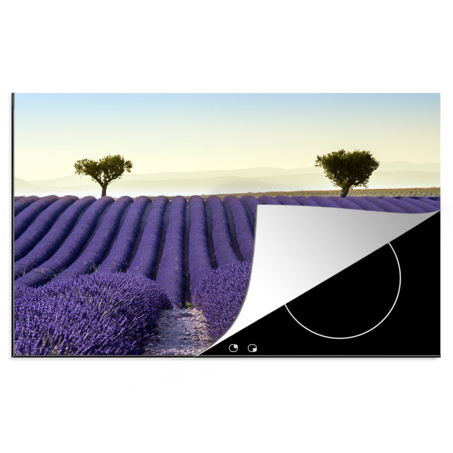 MuchoWow Herdblende-/Abdeckplatte Lavendel - Bäume - Blumen - Natur, Vinyl, (1 tlg), 81x52 cm, Induktionskochfeld Schutz für die küche, Ceranfeldabdeckung
