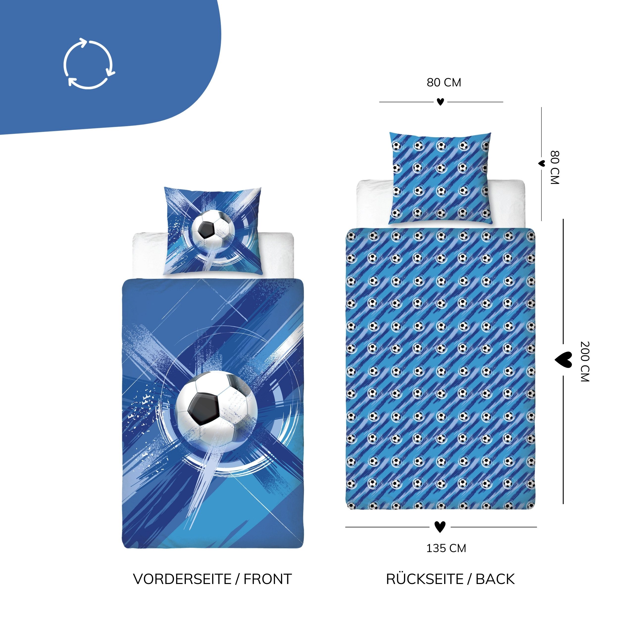 MTOnlinehandel Bettwäsche Fußball in 135x200 + 80x80 cm • Geschenkidee für Kinder, Mikrofaser, 2 teilig, Wende-Motiv Fußball