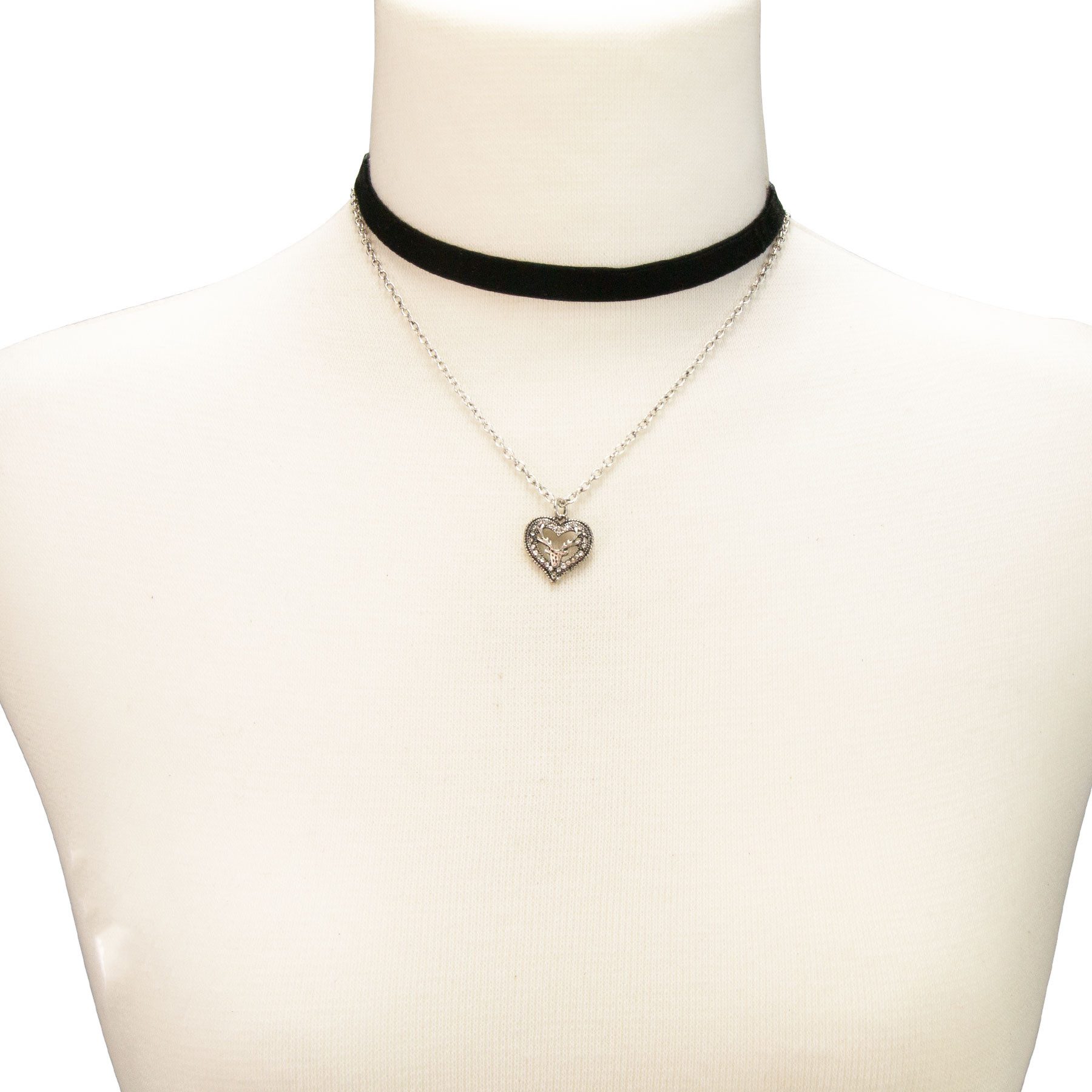 Alpenflüstern Choker Trachten-Samt-Kropfband Strassherz-Hirsch-Kette (schwarz), - nostalgische Trachtenkette enganliegend, Kropfkette elastisch, Damen – Bild 3 von 3