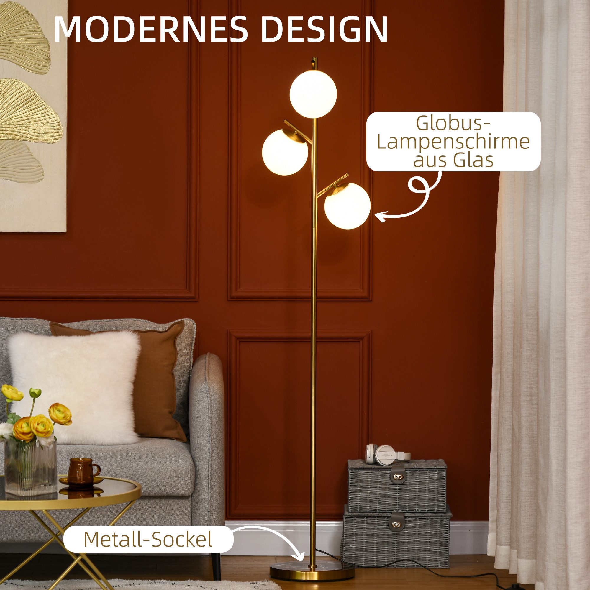 HOMCOM Stehlampe Wohnzimmer Stehleuchte mit 3 E27 Fassungen, exkl. Glühbirne, Gold, Metall, Glas Ø27 x 169 cm – Bild 4 von 5