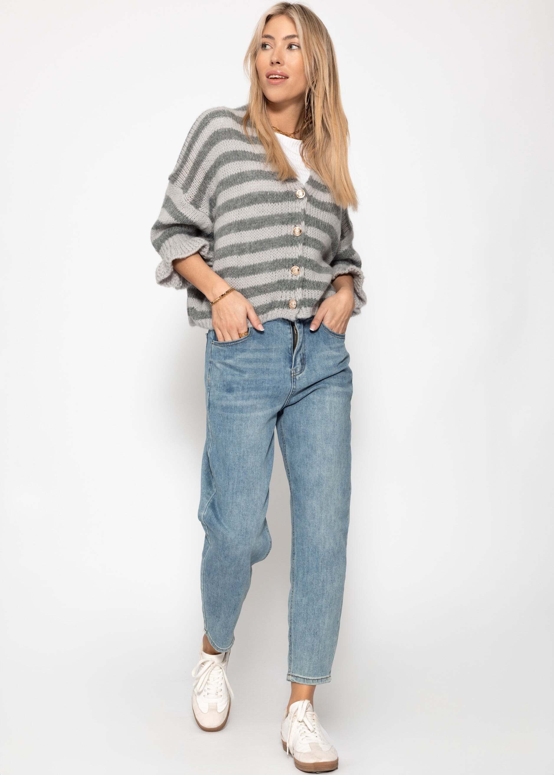 SASSYCLASSY Cardigan Gestreifter Cardigan mit 3/4-Ärmeln für Damen Cozy Cardigan mit Ballonärmeln und Knopfleiste Grau Pink