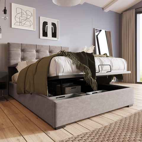 SOFTWEARY Polsterbett (Einzelbett mit Lattenrost und Bettkasten, 90x200 cm), gepolsterter Kopfteil höhenverstellbar, Bezug aus Samt