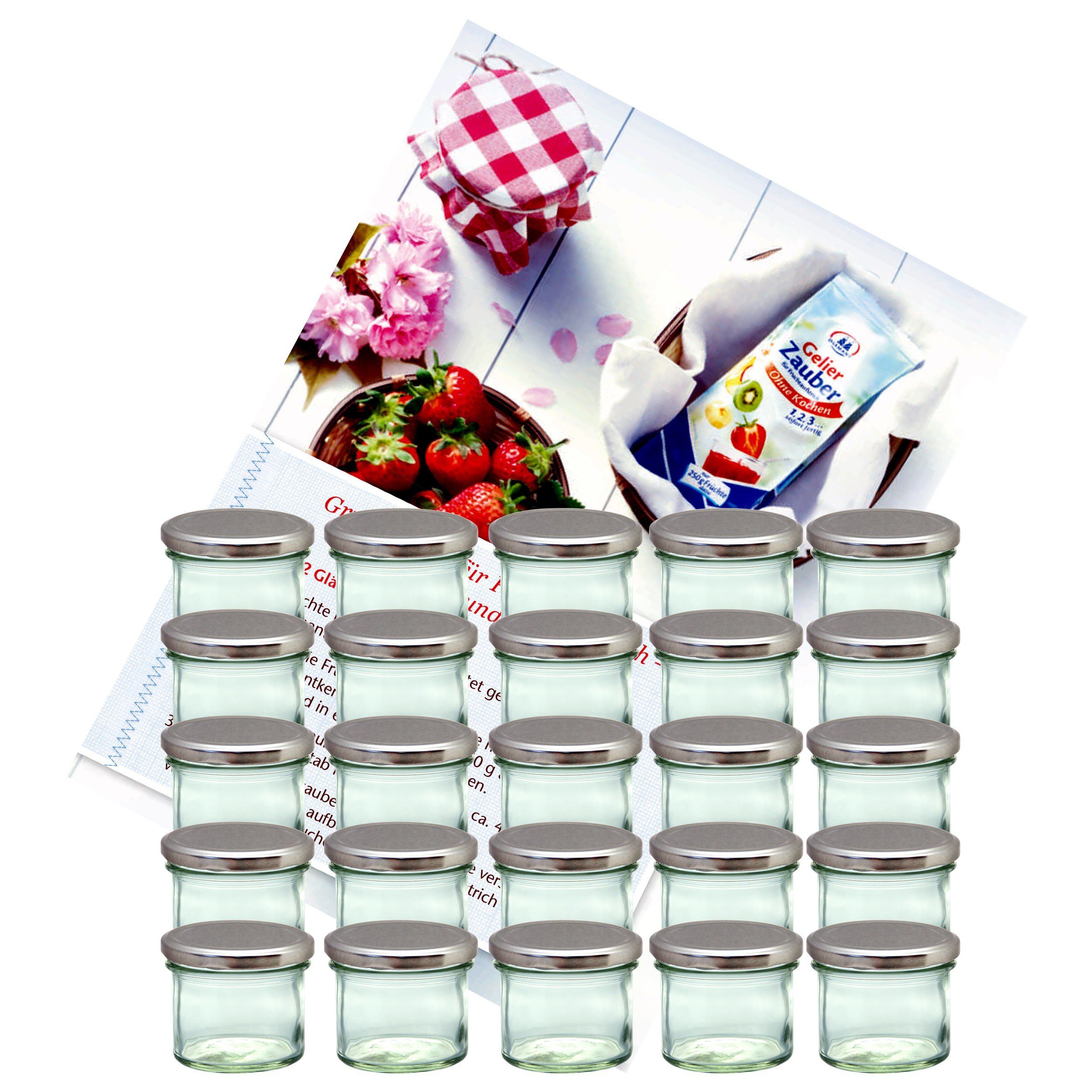 MamboCat Einmachglas 25er Set Sturzglas 125 ml Marmeladenglas Einmachglas Einweckglas To 66 silberner Deckel incl. Diamant-Zucker Gelierzauber Rezeptheft