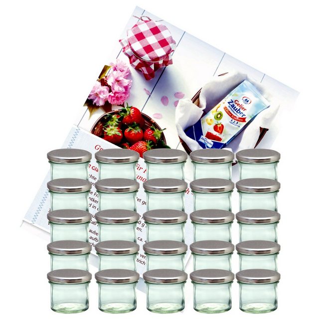 MamboCat Einmachglas “25er Set Sturzglas 125 ml Marmeladenglas Einmachglas Einweckglas To 66 silberner Deckel incl. Diamant-Zucker Gelierzauber Rezeptheft”