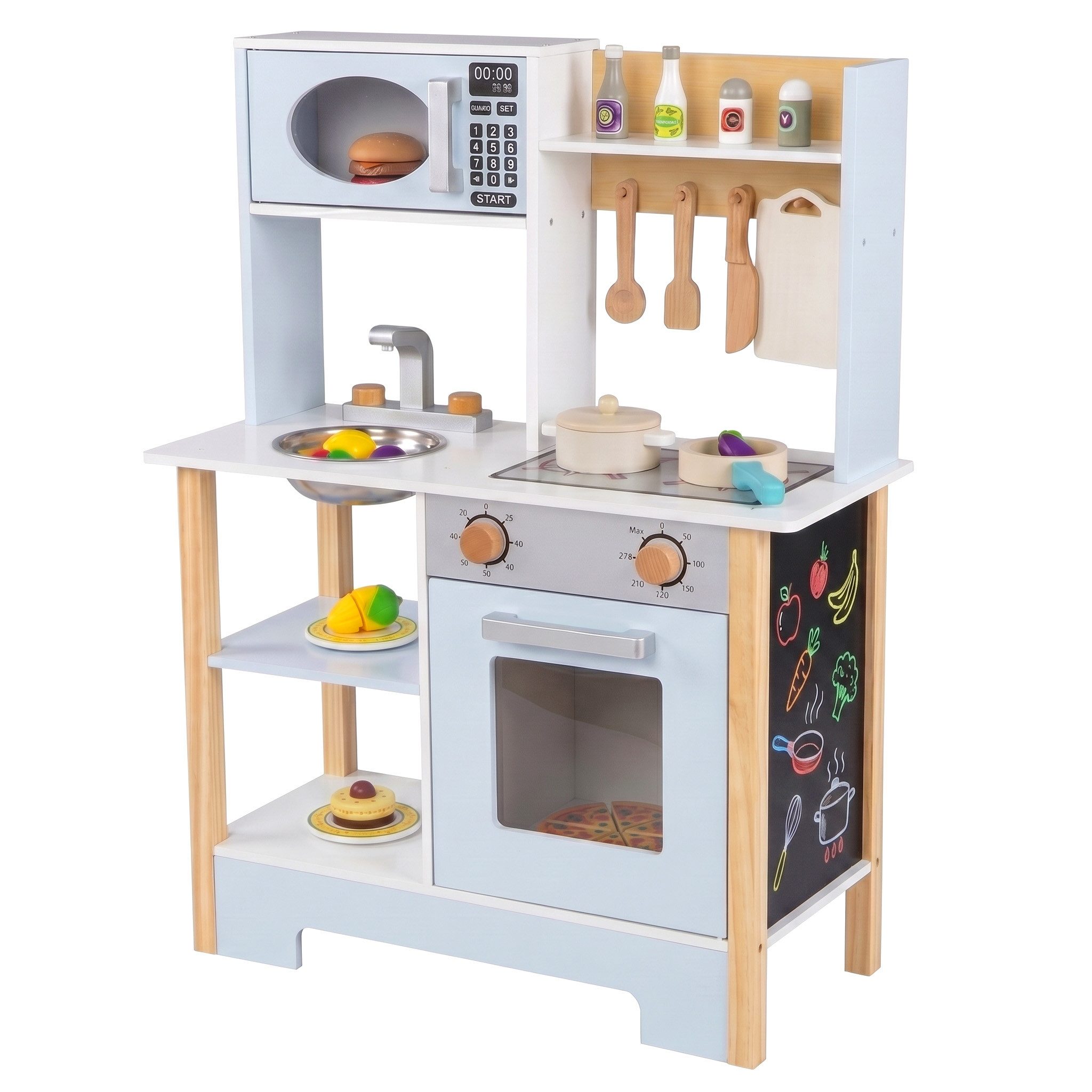 KOMFOTTEU Spielküche, Holzküche Kinderküche mit 13 Zubehör, 61,5 x 26 x 85 cm