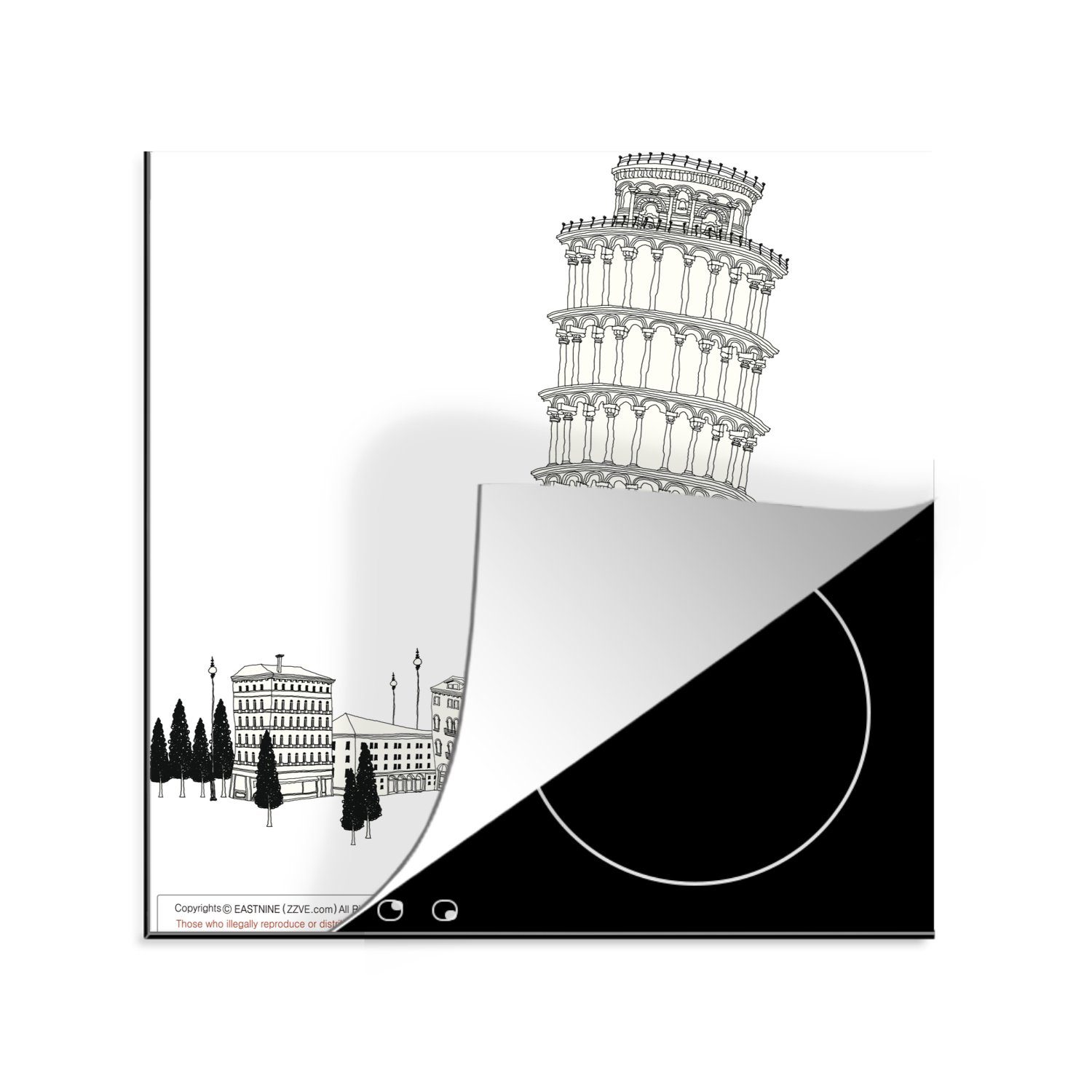 MuchoWow Herdblende-/Abdeckplatte Skyline Turm dem tlg), (1 einer Ceranfeldabdeckung, 78x78 Vinyl, Illustration Pisa, für von Arbeitsplatte cm, küche mit