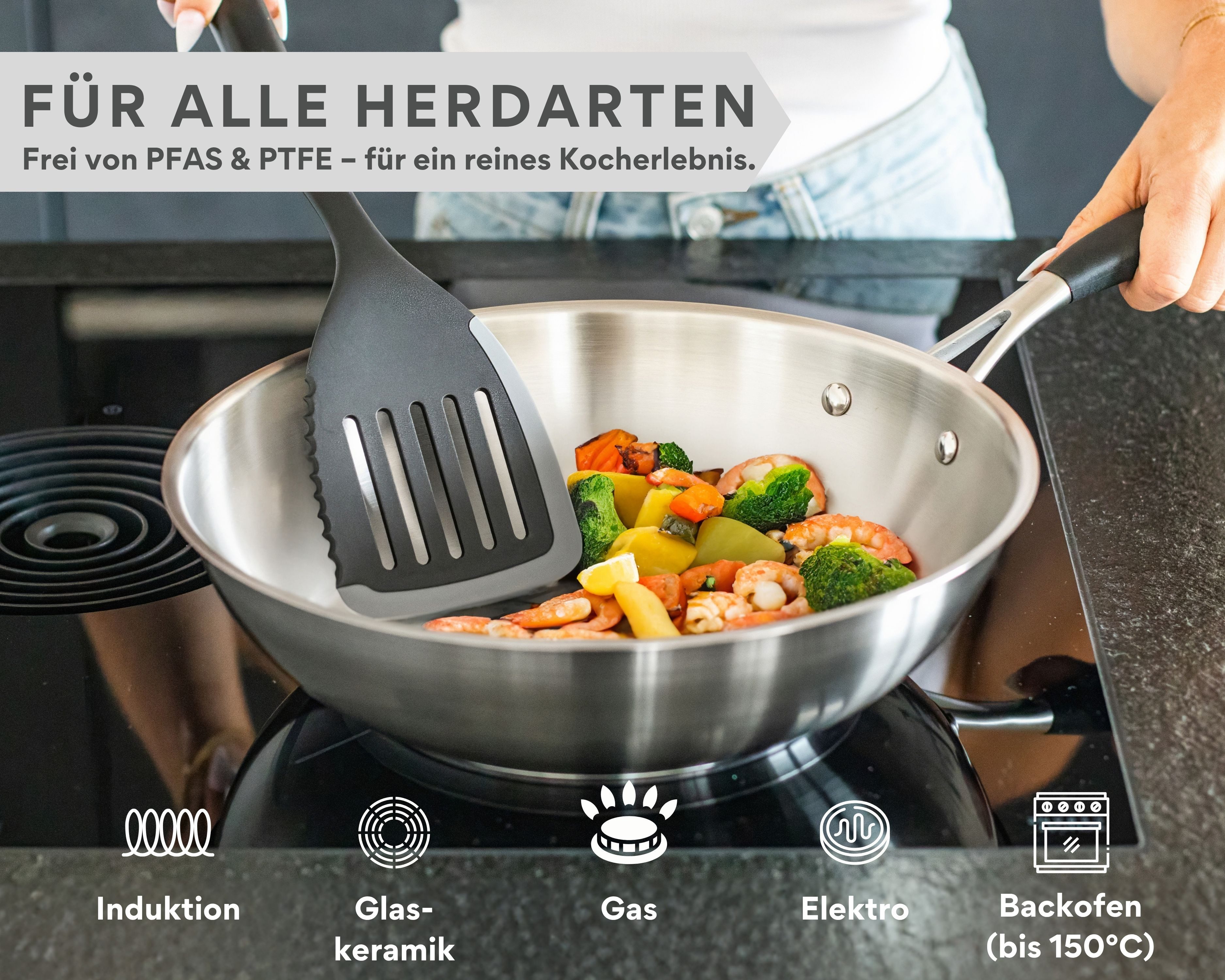 divory Wok Wokpfanne, Edelstahlpfanne unbeschichtet, Induktion (28 cm), Edelstahl