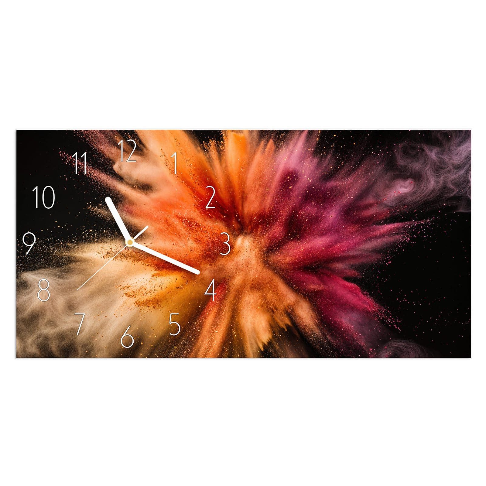 Wanduhr Glasuhr Wandkunst Größe 60 x 30 cm mit Motiv Farbenexplosion