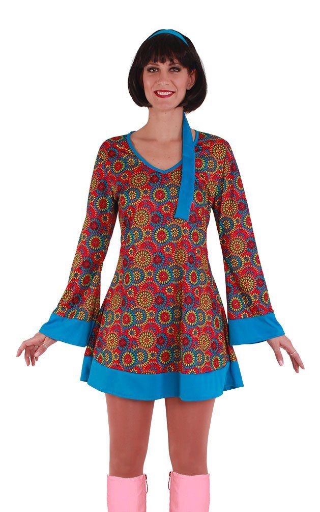 Karneval-Klamotten Hippie-Kostüm Damenkostüm Flower Power 60er Jahre, Kleid türkis-bunt, V-Ausschnitt, mit Haarband