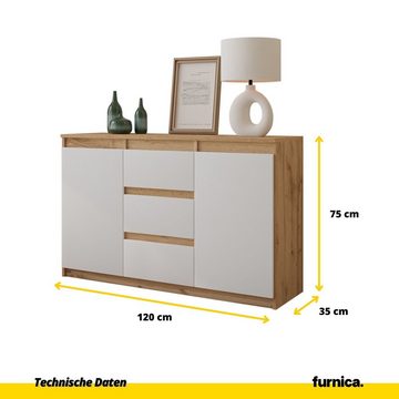 Furnica Kommode MIKEL, 3 Schubladen und 2 Türen - Votan Eiche H75cm B120cm T35cm (1 St)