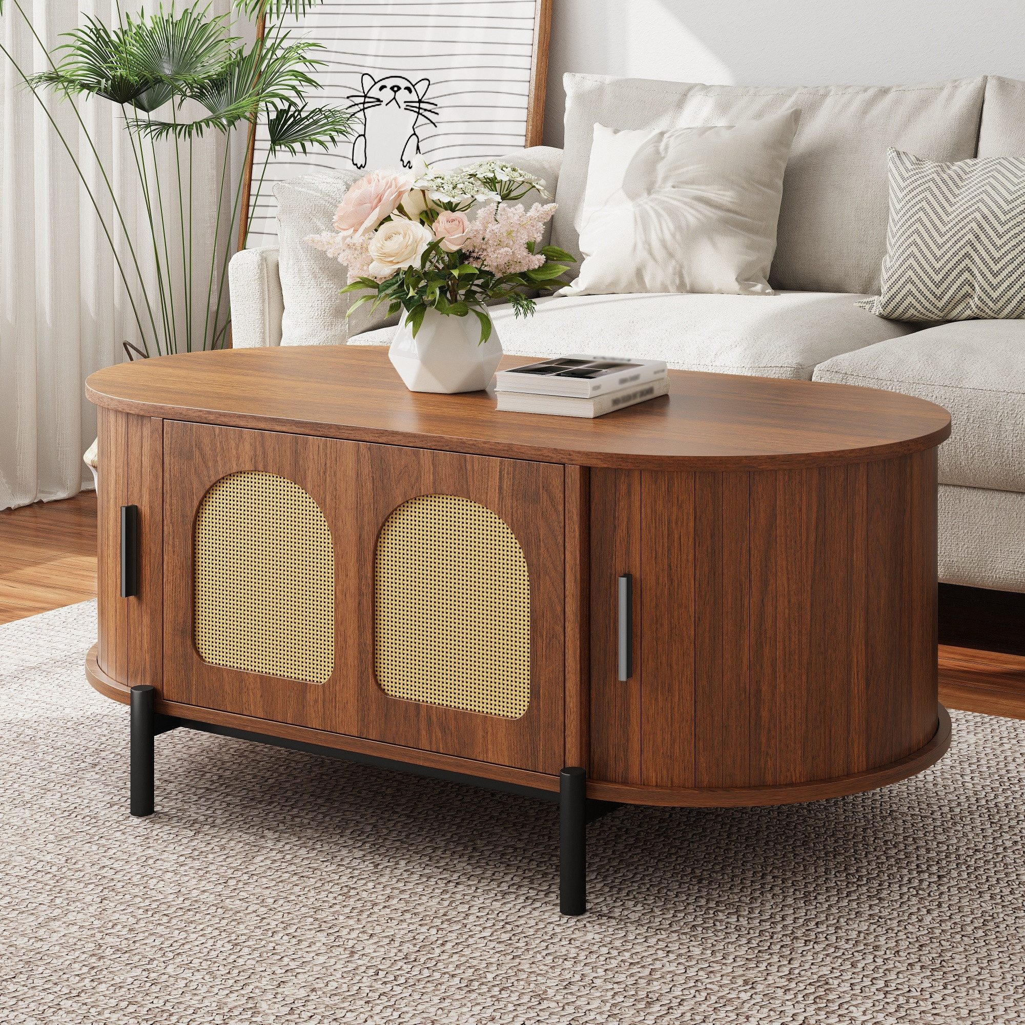 Merax Couchtisch Oval Sofatisch Skandinavisch Beistelltisch mit Rattan-Oberfläche (100 x 50 x 40 cm, 1-St), Wohnzimmertisch mit Klapptür, 2 …