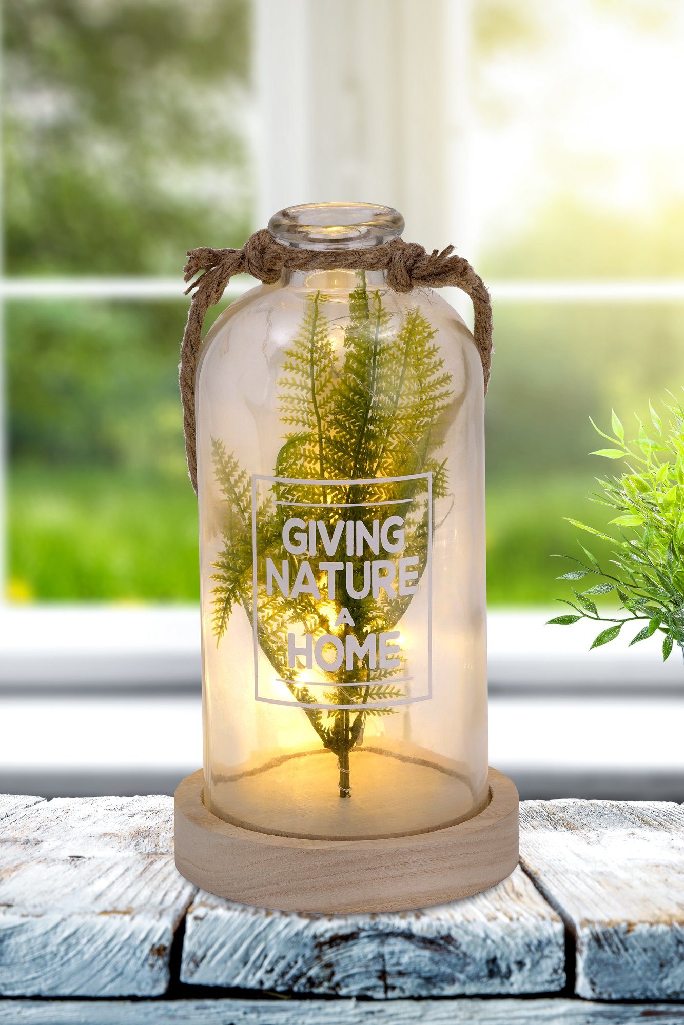 BRUBAKER LED Dekolicht Lichterflasche Giving Nature a Home - Farn oder Olivenzweig, LED Lichterkette, Warmweiß, Dekoleuchte mit 10 LED Sternen, Party Licht Deko
