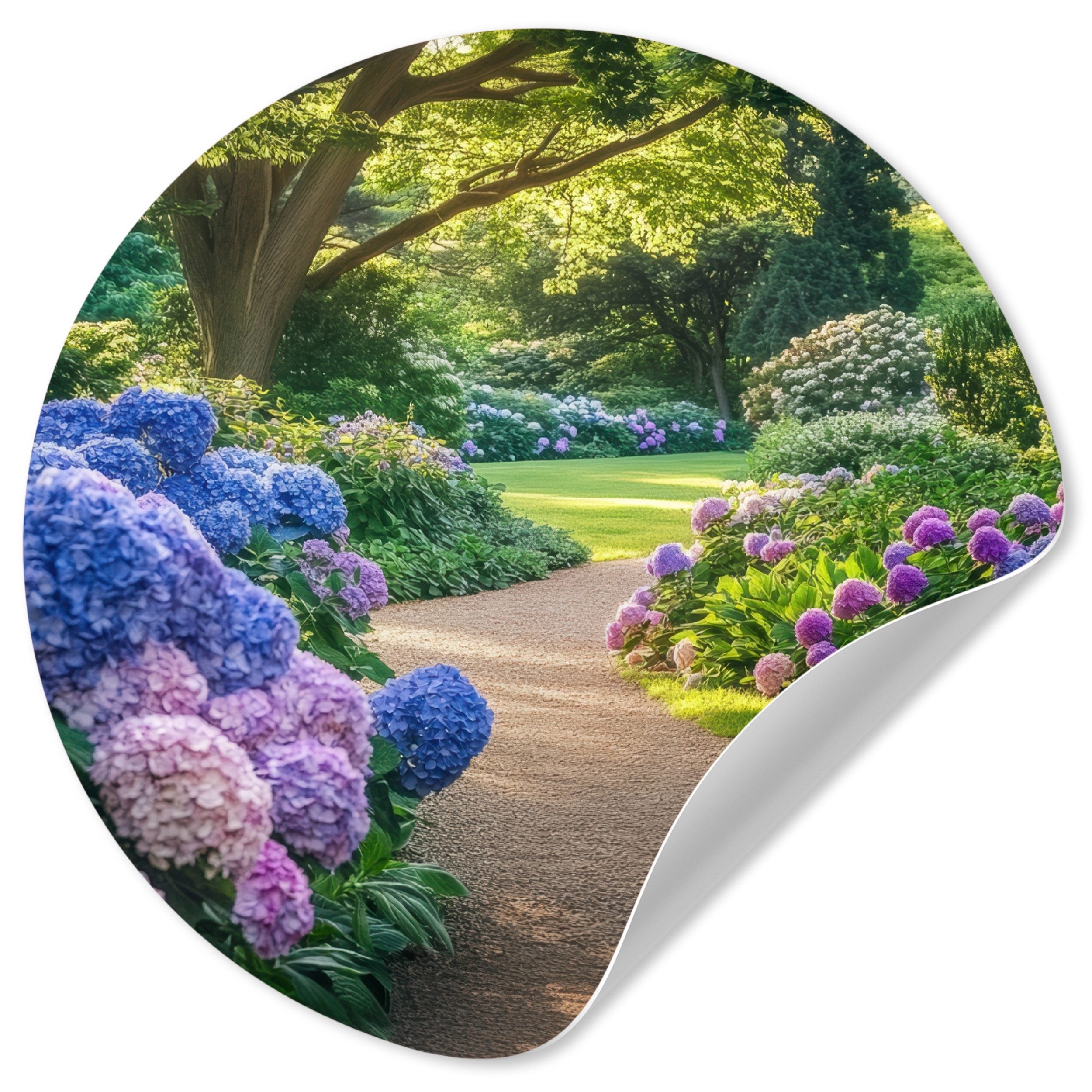 MuchoWow Wandsticker Hortensienpark - Weg (1 St), Wandtattoo Selbstklebend, Wohnzimmer Deko Aufkleber, 30x30 cm